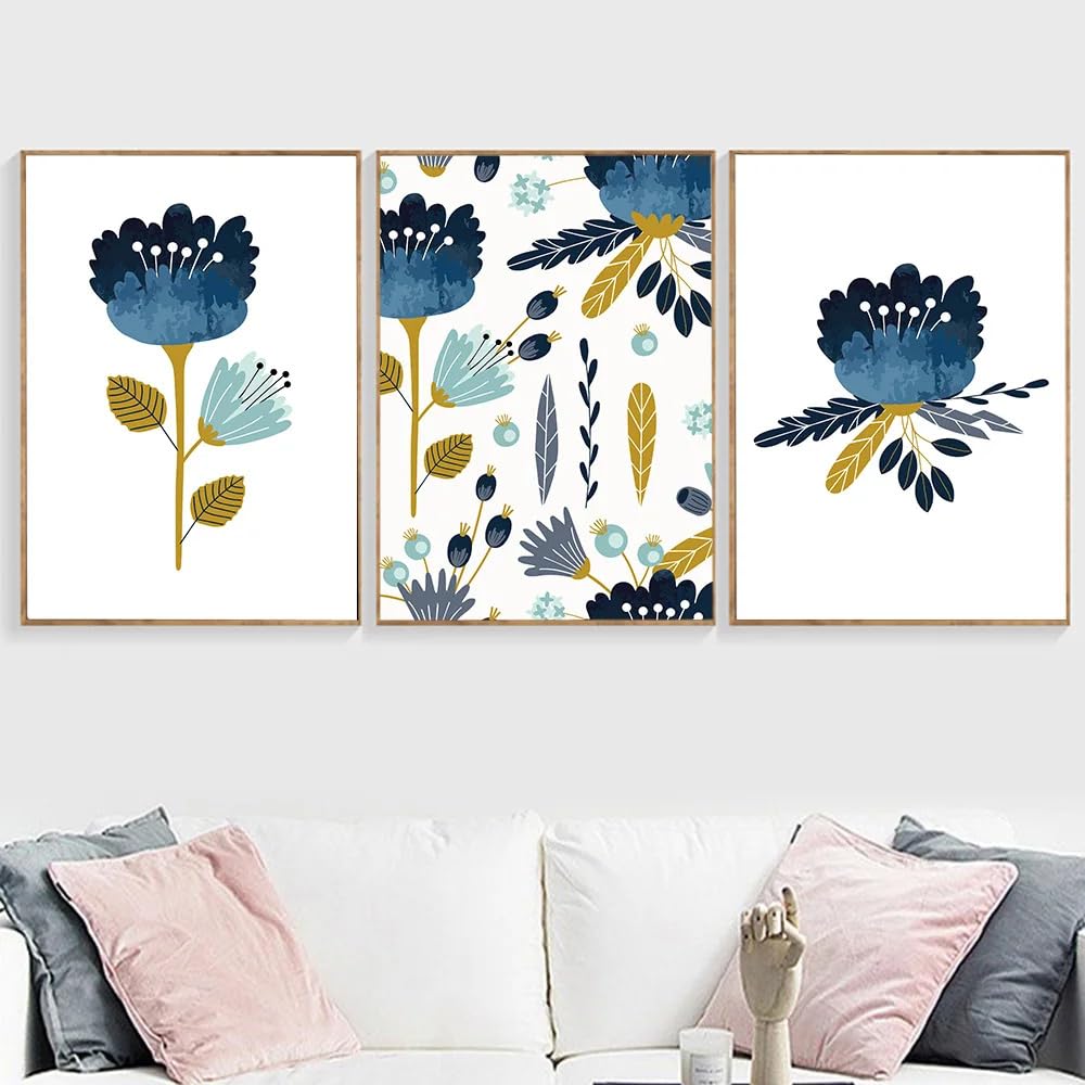 WUHBCZ Canvas Paints-Nordic Poster Abstract Floral Blue Yellow Canvas Painting Art Print Falling Flowers Leaves Wall Art Picture for Kitchen Office Home Decor-60 * 80cm/3PCS (No Frame)