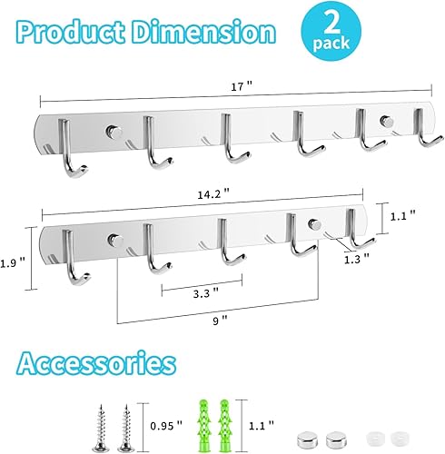 Miniatura 5 de Perchero de pared (2 unidades) 6 ganchos para colgar, ganchos de pared de acero inoxidable