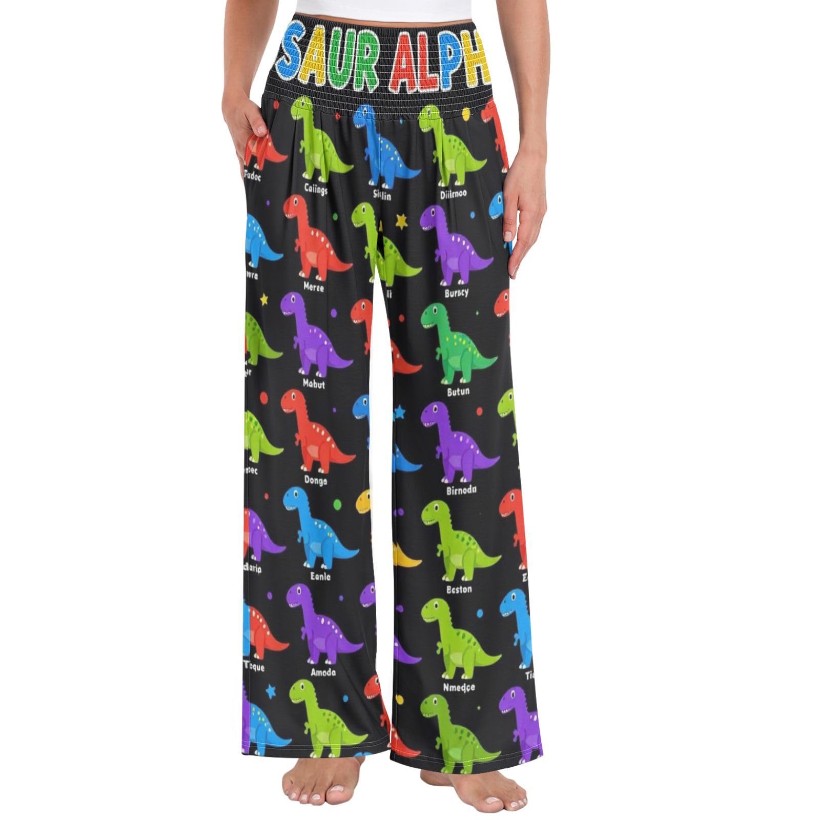 Alphabet Dino - Pantalones de pierna ancha para mujer, ligeros, elásticos, informales, ropa de descanso