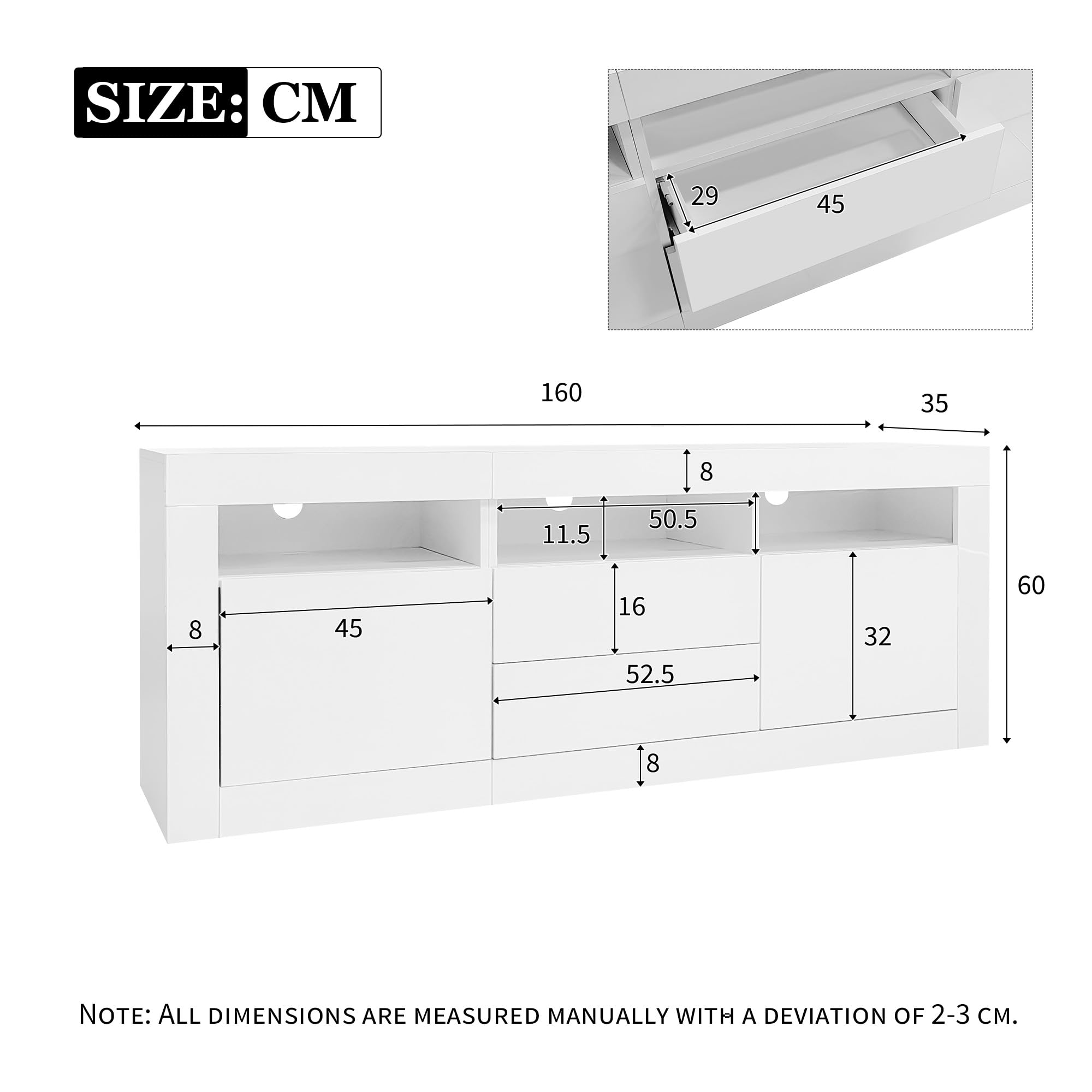 Murul Armario de tv de alto brillo con iluminación LED, 3 compartimentos, soporte para TV 70 pulgadas, 2 puertas y cajones, control Smart App, 160 × 35 × 60 cm