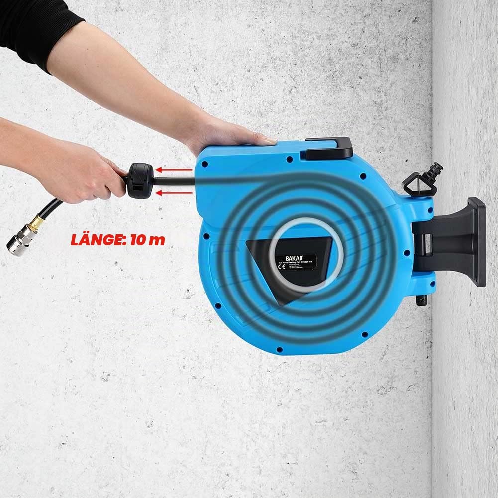Bakaji Druckluftschlauchtrommel mit 0-m-Schlauch, Anschluss /4 Zoll (0,64 cm), Wandbefestigung, automatisches Verriegelungssystem, platzsparend, Zubehör Druckluft-Kompressor max. 2 bar (0 + m)