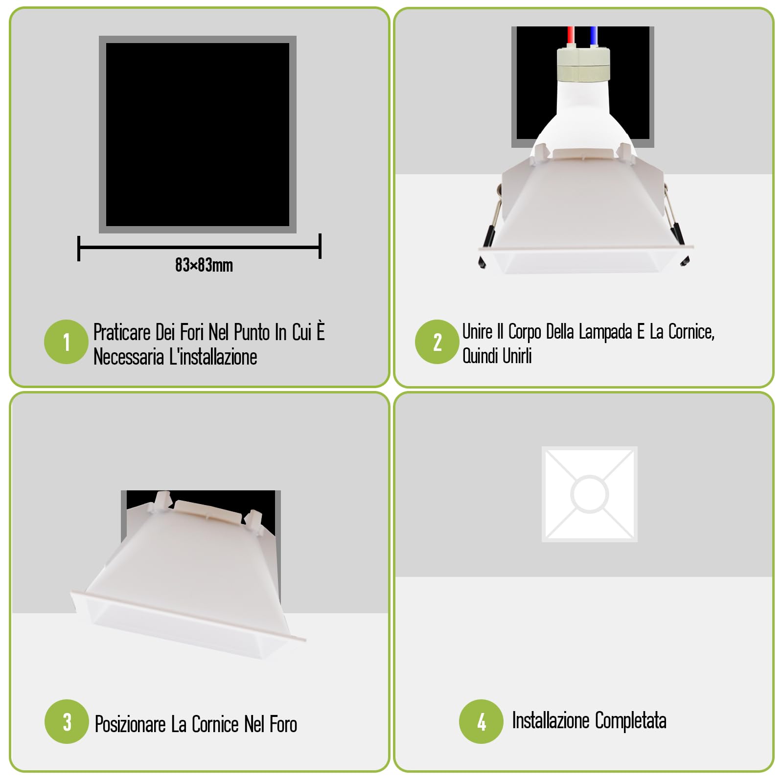 10 Pezzi Cornice Faretti LED Incasso GU10 Portafaretto Incasso Foro 83 x 83mm per LED e Alogeno Portalampade GU10 Quadrato Bianco PC Dimensioni: 93mm x 93mm x 55mm