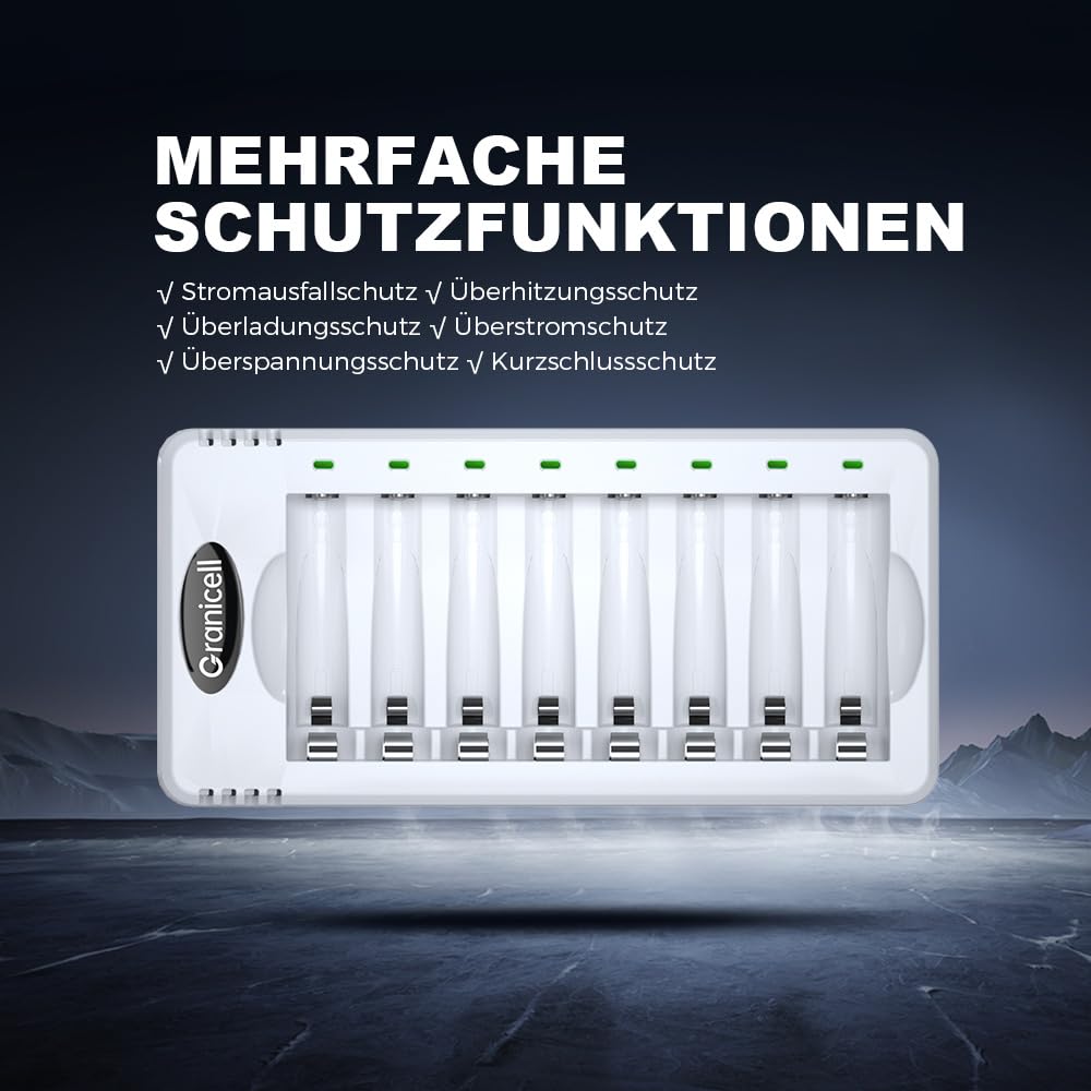 Granicell 8-Slot Akku Ladegerät mit 16 Stück Akkus (8X AA 2800mAh + 8X AAA 1100mAh), 1.2V Mignon Micro NI-MH Wiederaufladbare Batterien (Vorgeladen), XXL Familien-Kombiset