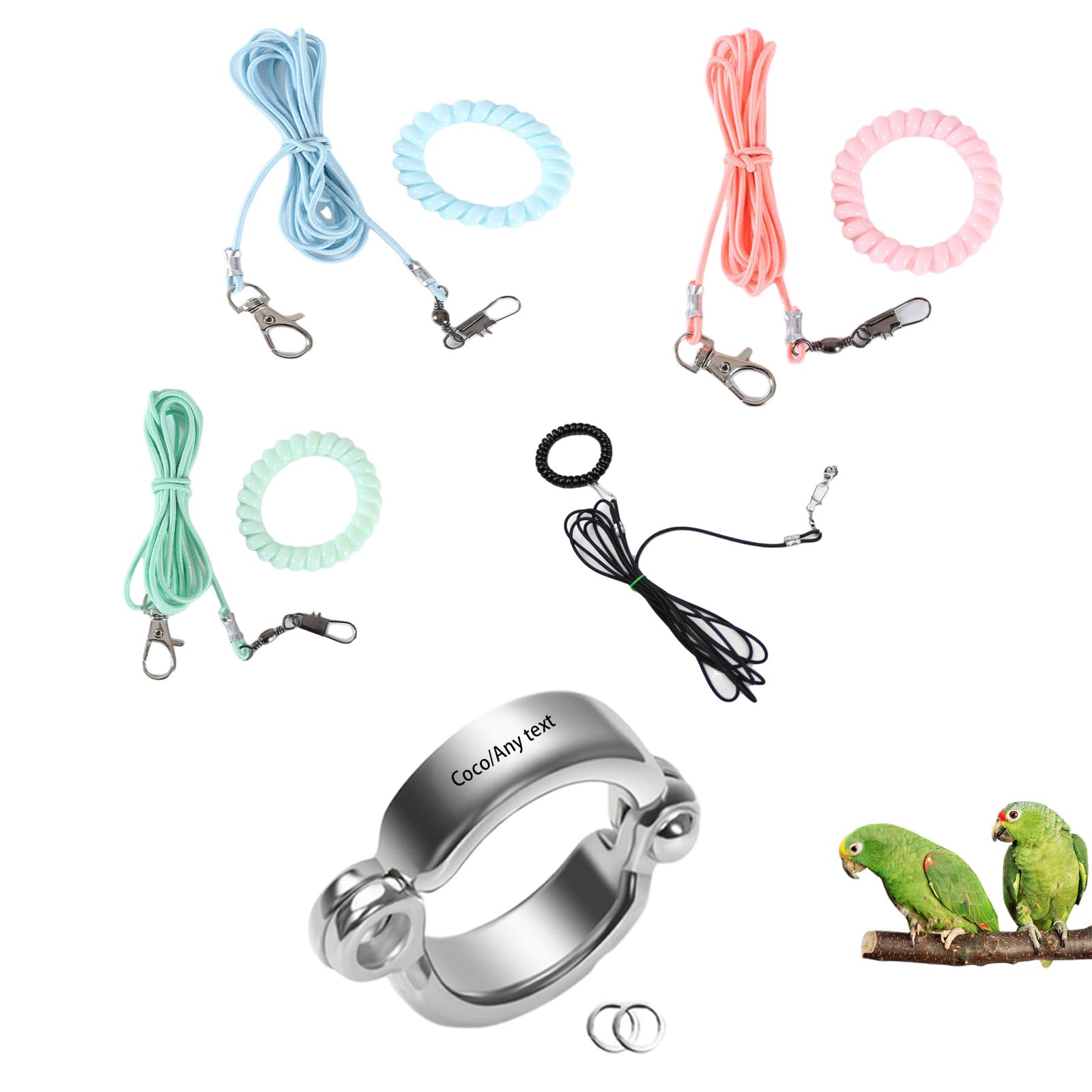 JPHCHSC Personalised Bird Leash with Name, Prevent loss,Retractable Elastic Flying Rope, 800cm, Anti-Bite Harness with 3 Foot Rings for Parrots (4 Color to choose, S(3 meters long))