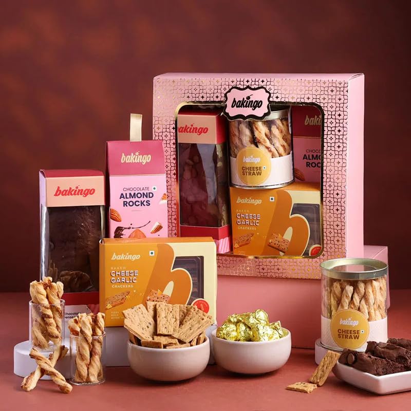 Bakingo Premium Gift Hamper of Cheese Garlic Crackers, Almonds Rock, Cheese Straw, Tea Cake In Box For Birthday Gift, Anniversary Gift, Christmas Gift & New Year Gift (Same Day Delivery) Bakingo Premium Gift Hamper of Cheese Garlic Crackers, Almonds Rock, Cheese Straw, Tea Cake In Box For Birthday Gift, Anniversary Gift, Christmas Gift & New Year Gift (Same Day Delivery)
