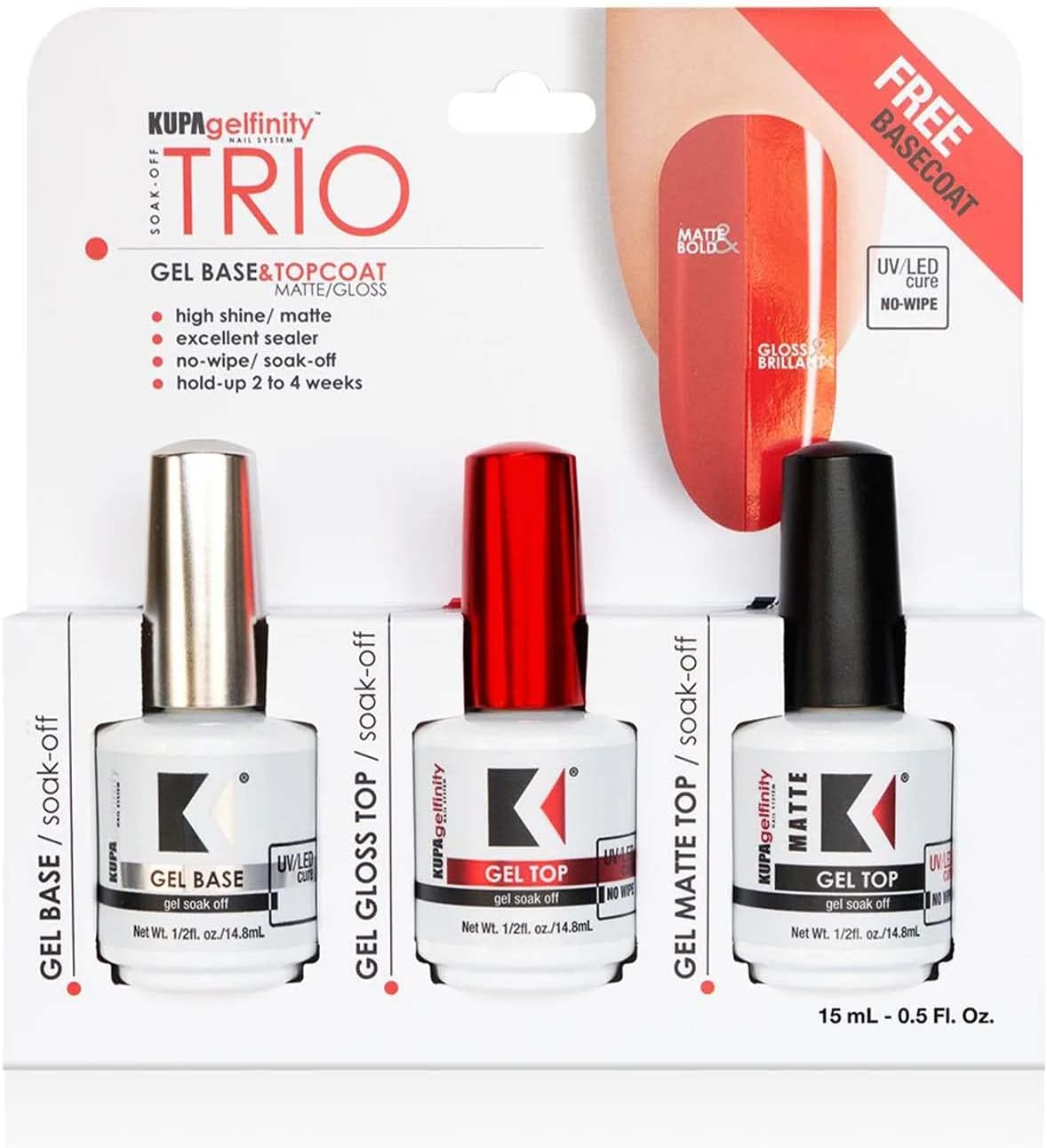 KUPA Gelfinity Base Coat & Glossy Top Coat & Matte Top Coat Trio Set, No-Wipe, Long-Lasting Soak-Off Formula, Chip-Resistant, UV/LED Gel Polish, 0.5 Fl Oz (Pack of 3)