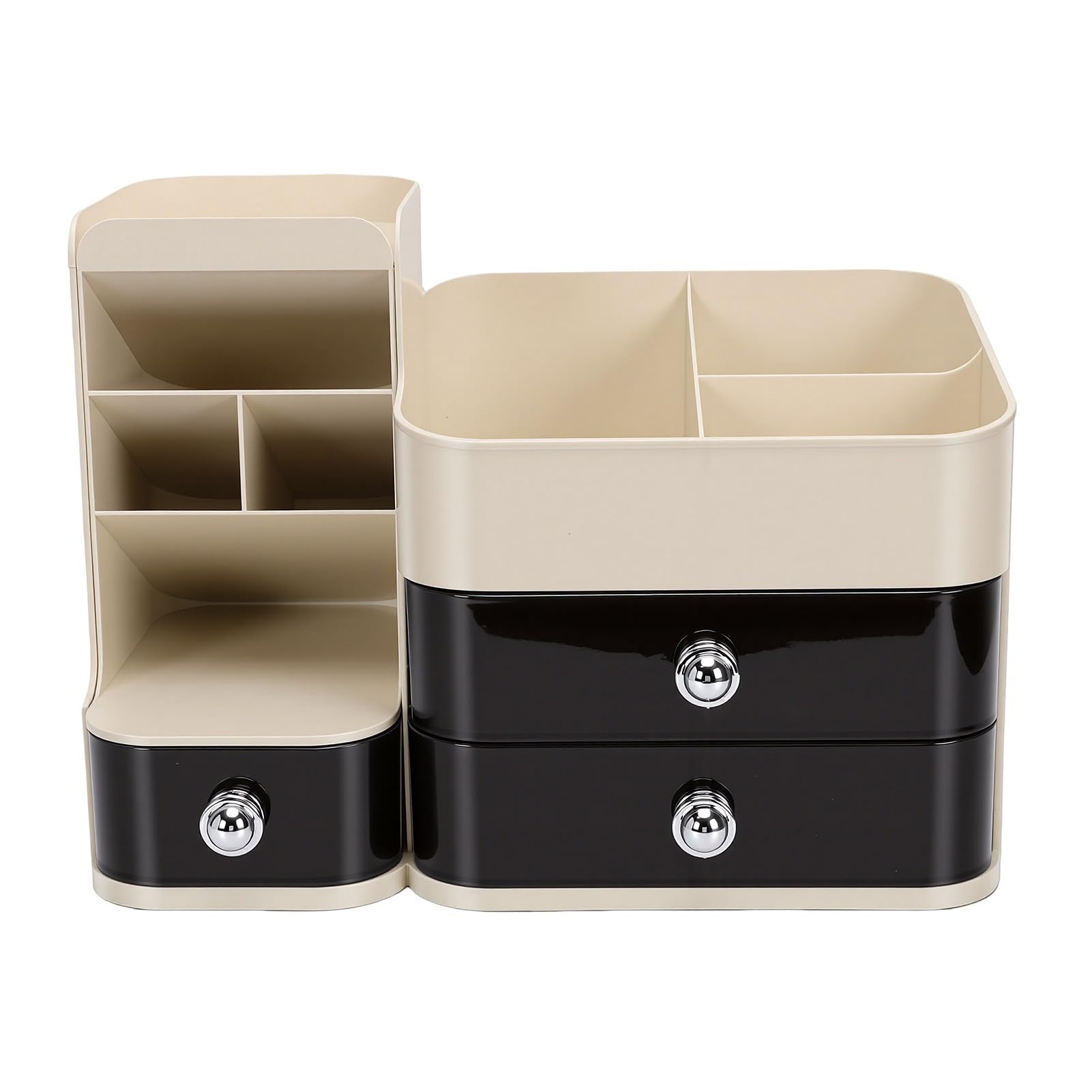 Duokon Porta Trucchi da Tavolo con Porta Pennelli e 3 Cassetti per vanità Bagno Ufficio Storage (bianco panna)