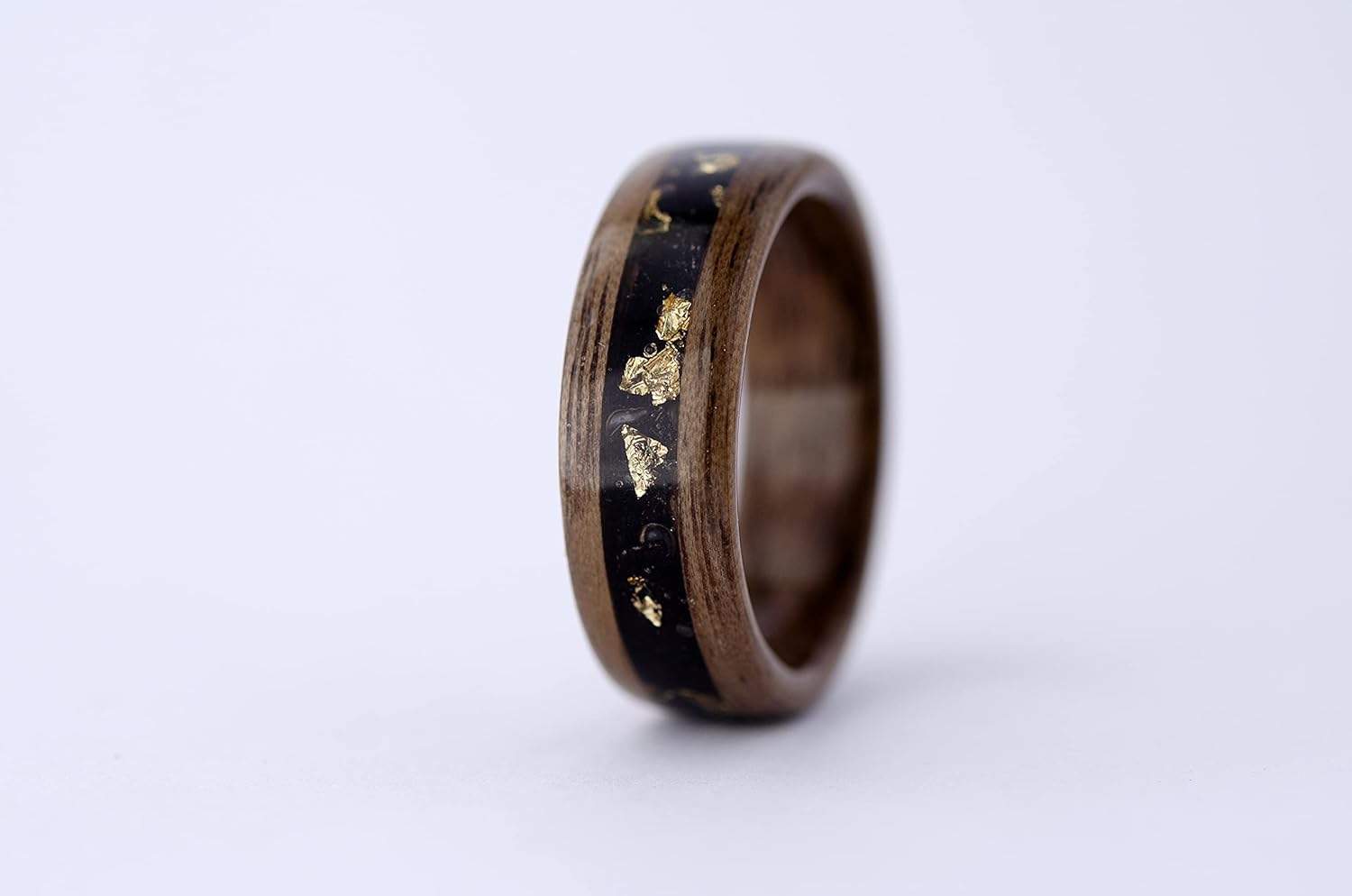 Wooden Engagement Ring with Black Orchid and 24K Gold. 5 Year Anniversary. Wedding Band.