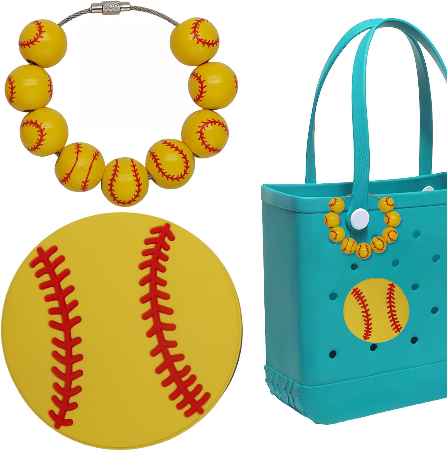 Waziaqoc 2Pcs Baseball Bag Charms for Beach Bag, PVC Sporty Accessories with Beads Chain, Insert Decorations for Beach Bags – Easy Attach