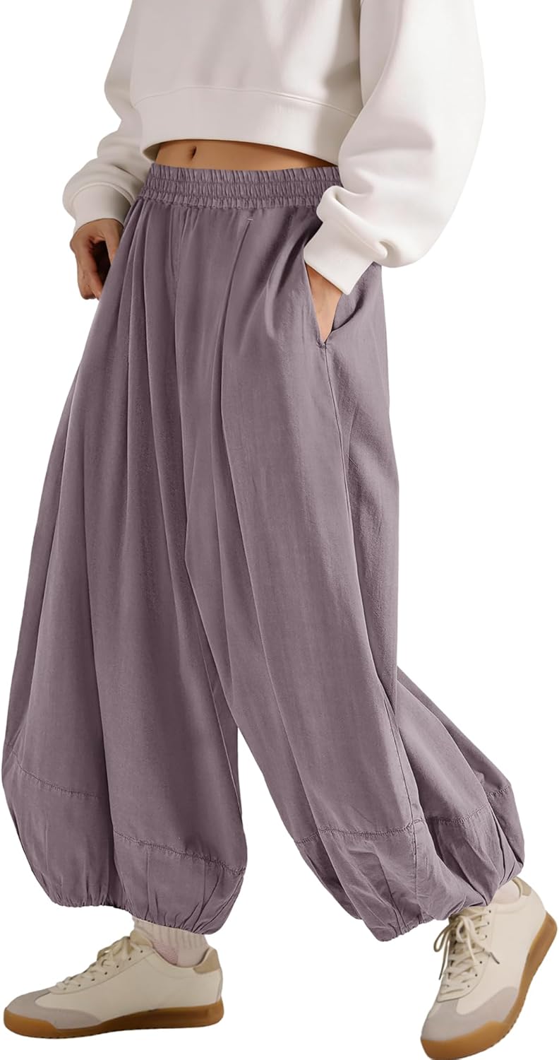Panadila Women Wide Leg Balloon Pants Casual Barrel Palazzo Pants Beach Baggy Trousers with Pockets