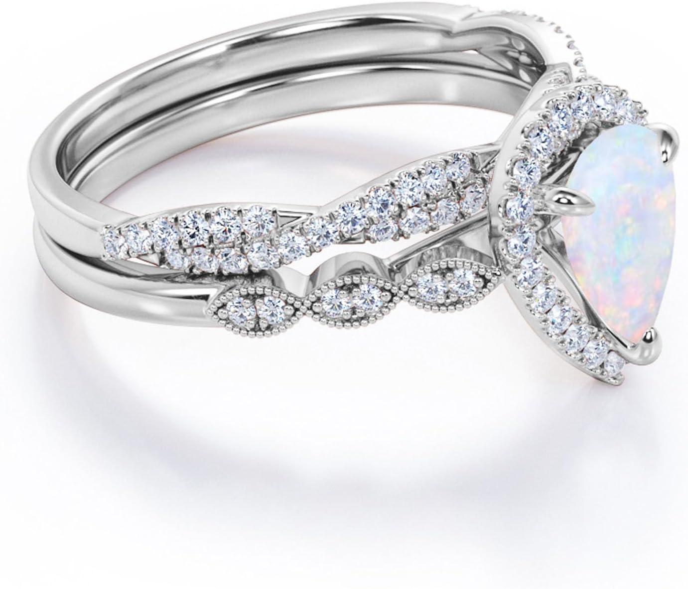 Luxury Wedding Ring Sets for Women Pear 1CT Opal White Gold Plated S925 Sterling Silver Engagement Ring Wedding Band