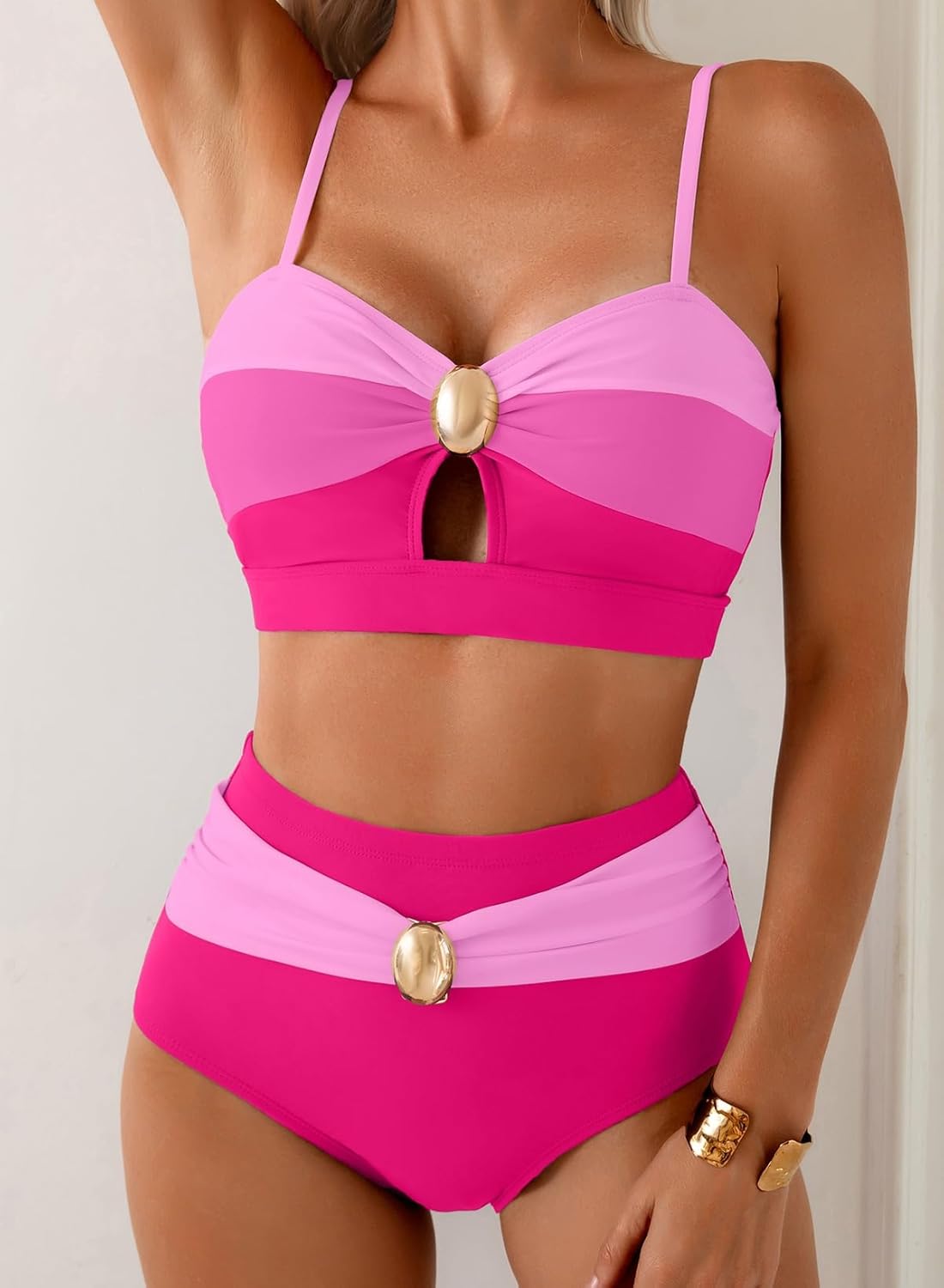 Herseas Women's 2 Piece Colorblock Bikini Sets Oval Metal Cutout Swimsuit High Waisted 2026 Beach Summer Swim Bathing Suits - Image 4