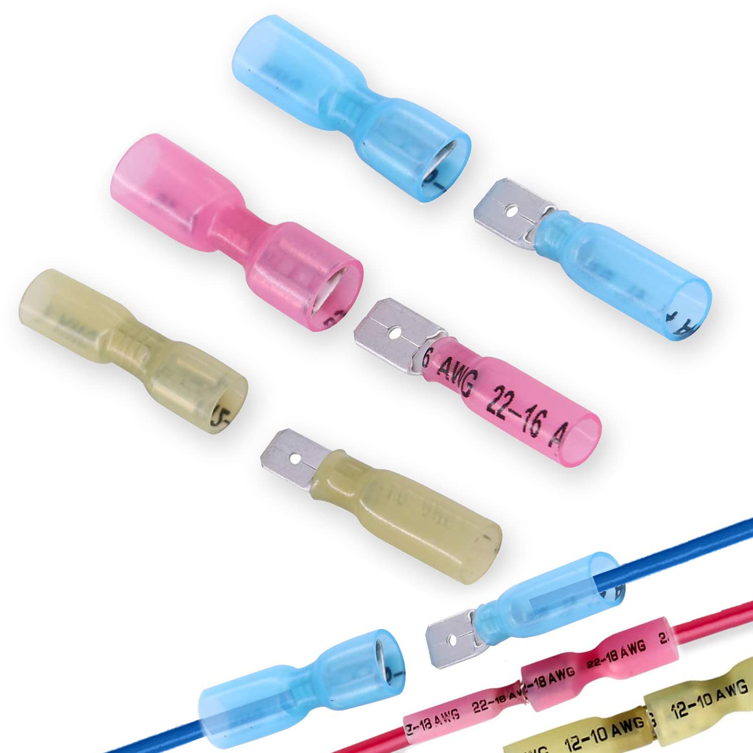 100 connettori a forcella termorestringenti da 1/4" calibro 22-10 femmina e maschio isolati impermeabili a sgancio rapido terminali a crimpare kit