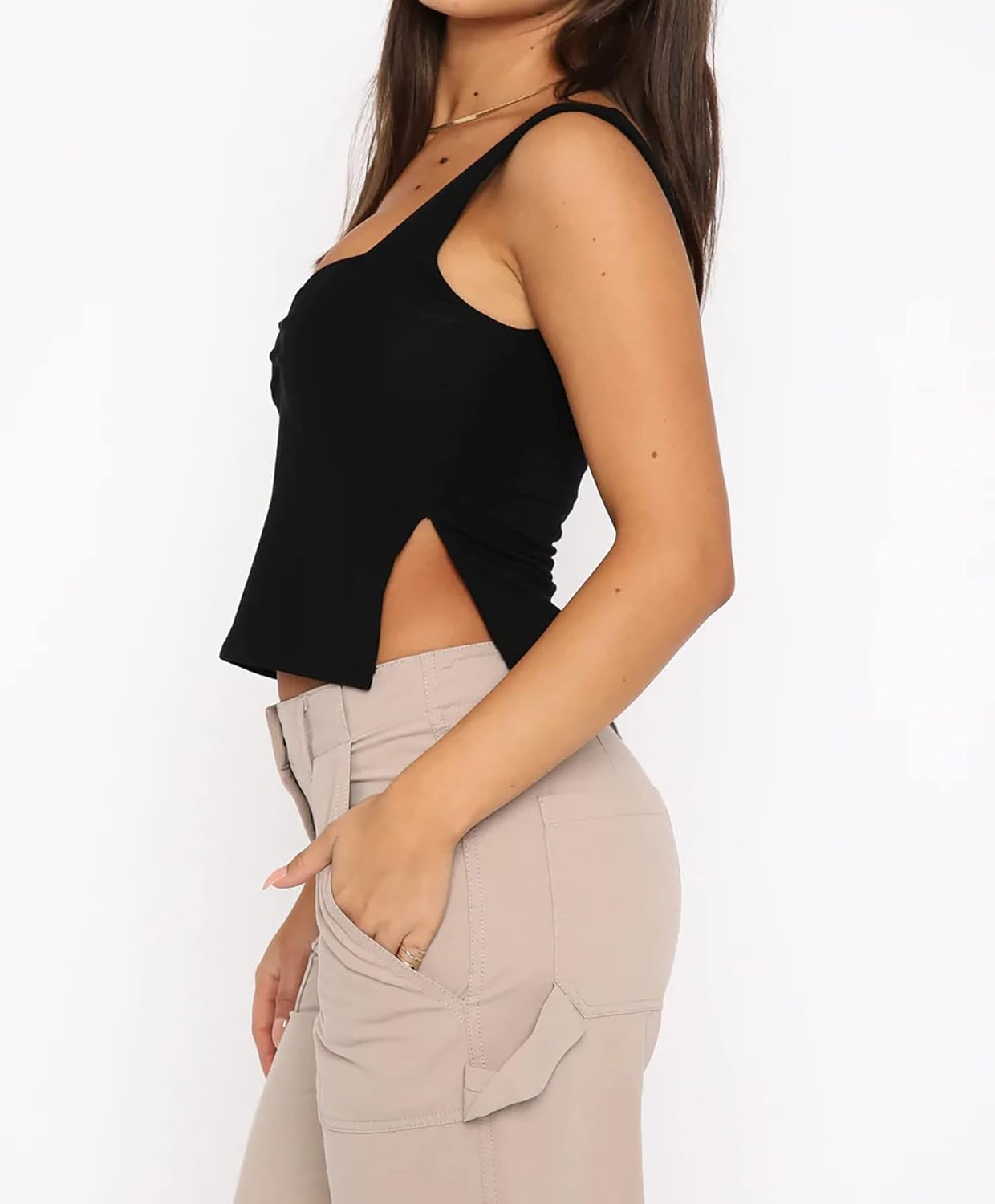 BAIGRAM Women’s Sleeveless Slim Crop Tank Top Sexy Pleated Bustier Sweetheart Neck Strappy Slits Cropped Vest Cami - Image 4