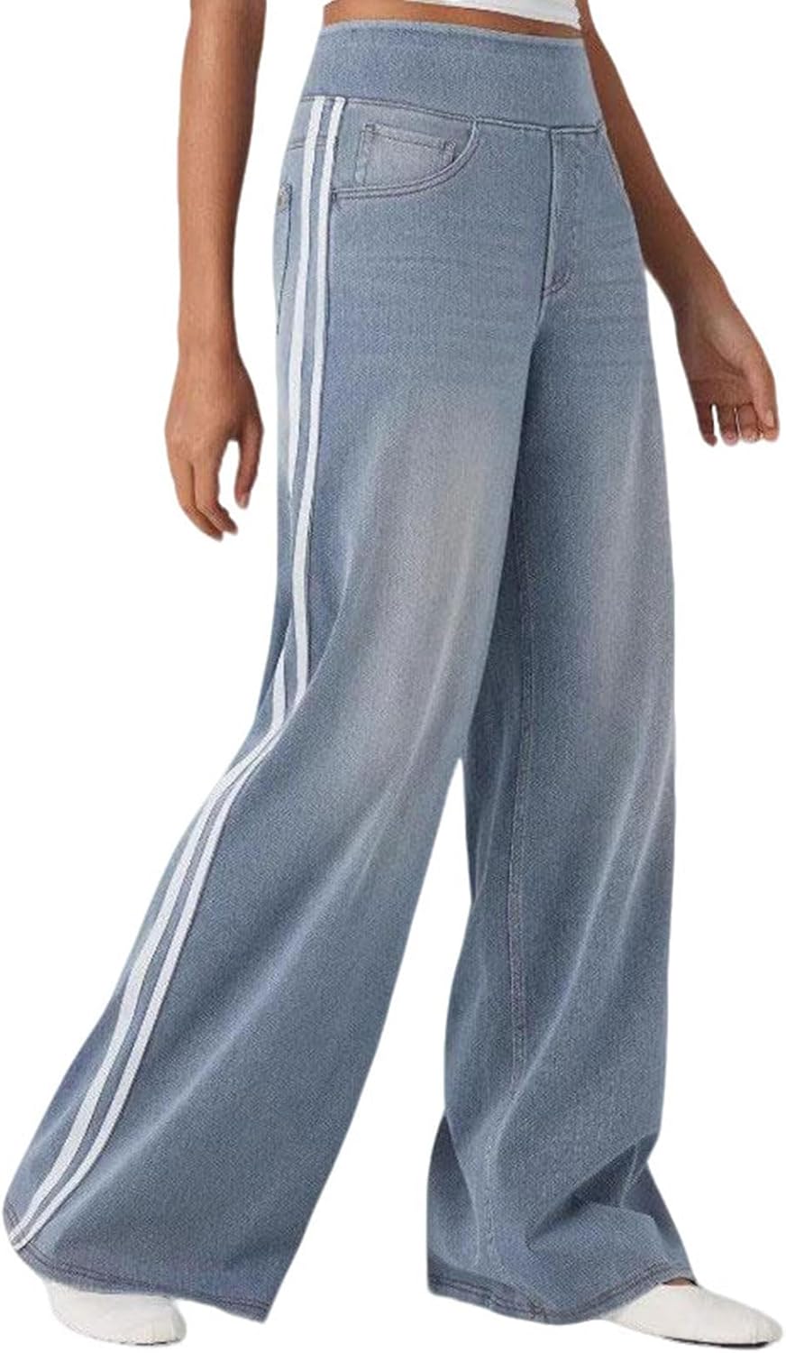 utcoco Women's High Rise Wide Leg Jeans Elastic Waist Side Striped Denim Pants with Pockets