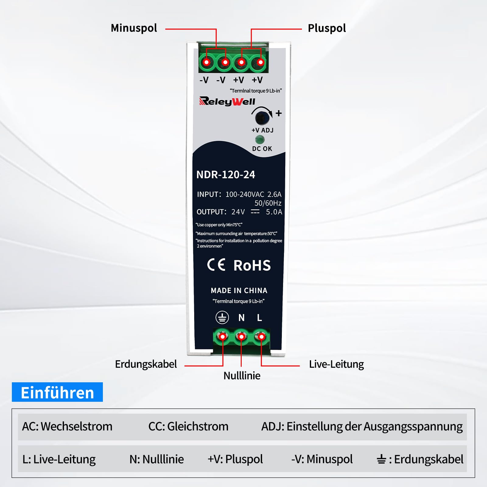 Hutschienen netzteil 24V, 120W, 5A; trafo 230V auf 24v, hutschiene, 24 VDC, 24 volt netztei, 24v dc trafo, din schiene, ReleyWell, NDR-120-24