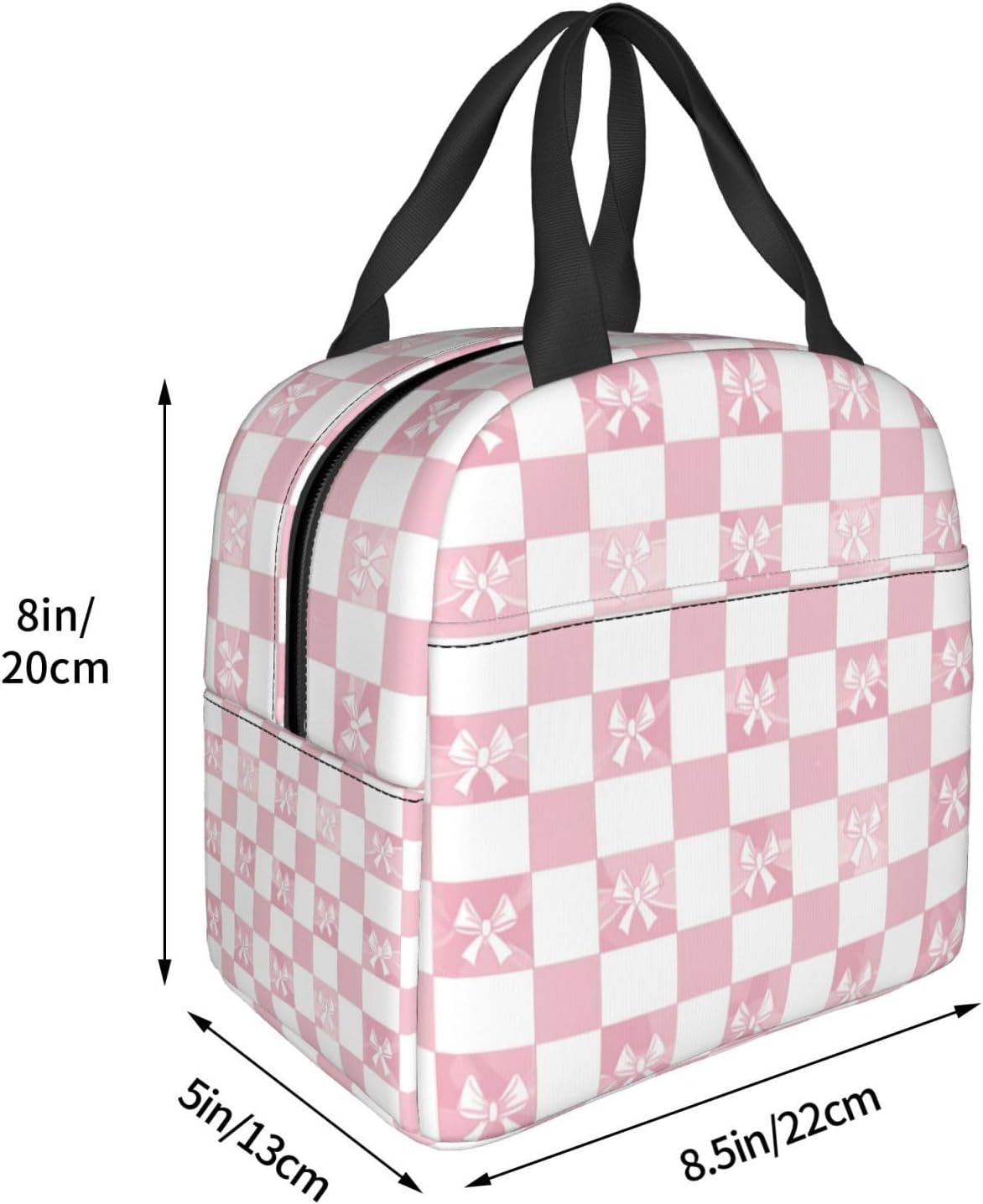 DADABULIU Lunch Bag Pink Check Bow Pattern Insulated Lunch Box Cooler Tote for Adults Student Boys Girls Women Men Work Office School Picnic Beach Reusable Lunchbox Over 3 Years Old