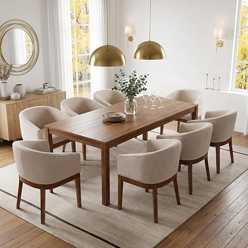 Miniatura 10 de Juego de 8 sillas de comedor modernas de mediados de siglo color beige, sillas de cocina y comedor tapizadas en lino con patas de madera negra, Lino