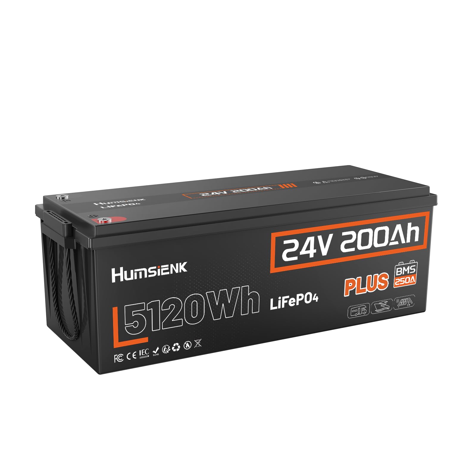 Humsienk Batterie Lithium LiFePO4 24V 200Ah Plus avec BMS intégré 250A et Protection Basses Températures, Batterie Lithium à Décharge Lente pour Camping Car, Panneau Solaire, Bateaux Bass, Hors-Réseau