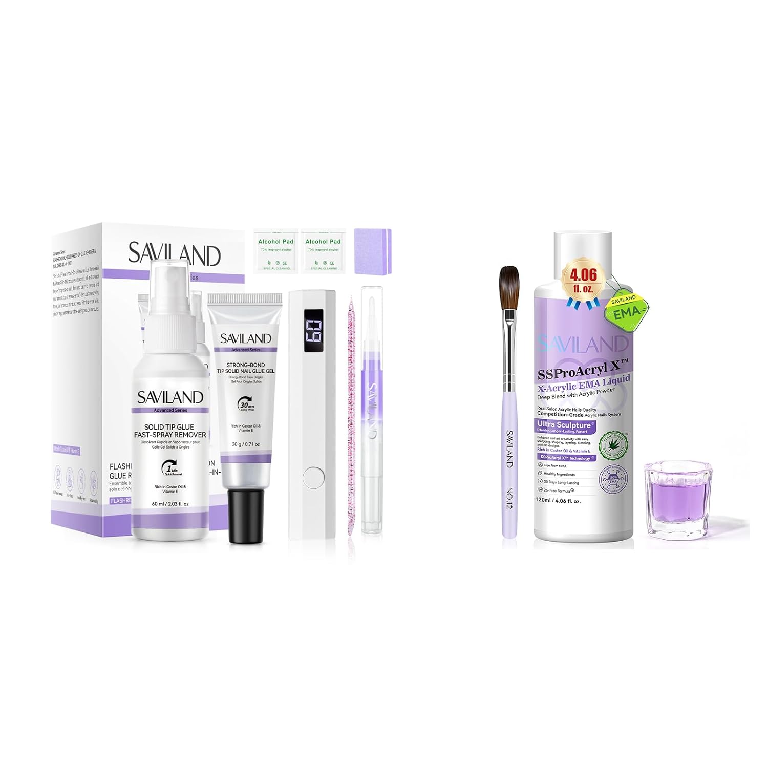 SAVILAND Monomer Acrylic Nail Liquid: 4 oz Acrylic Monomer for Nails Extension SAVILAND Advanced Solid Nail Glue Gel Kit: 60ml Nail Glue for Press On Nails with Remover Lasting Press On Nails with U V