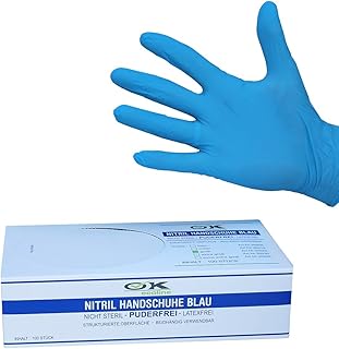 Lüllmann Guantes desechables de nitrilo, sin polvo, S-2XL, color azul y negro, caja de 100 unidades (caja M, 100 unidades), color azul