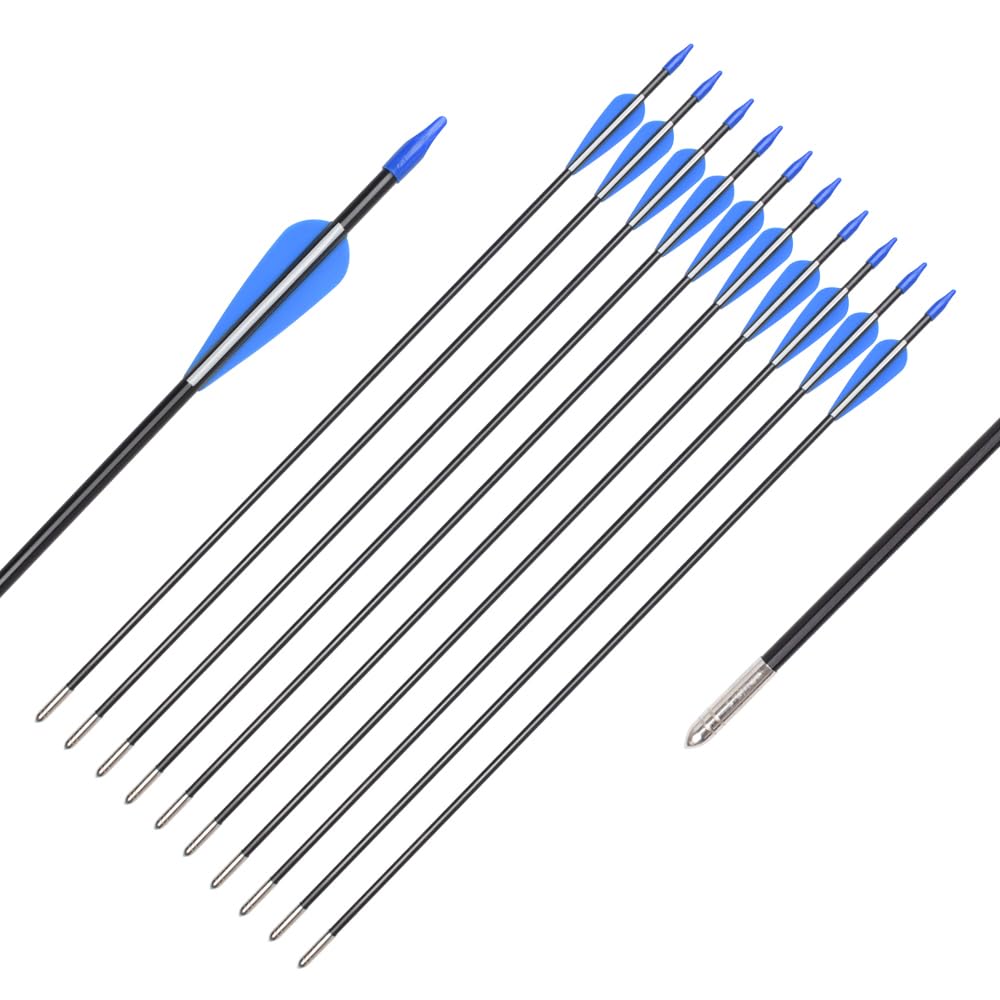 Fiberglass Arrows Archery 24 26 28 30 Inch Target Shooting Practice Safetyglass with Blue and White Vane for Recurve Bows Suitable for Youth Children Woman Beginner 6/12 PCS