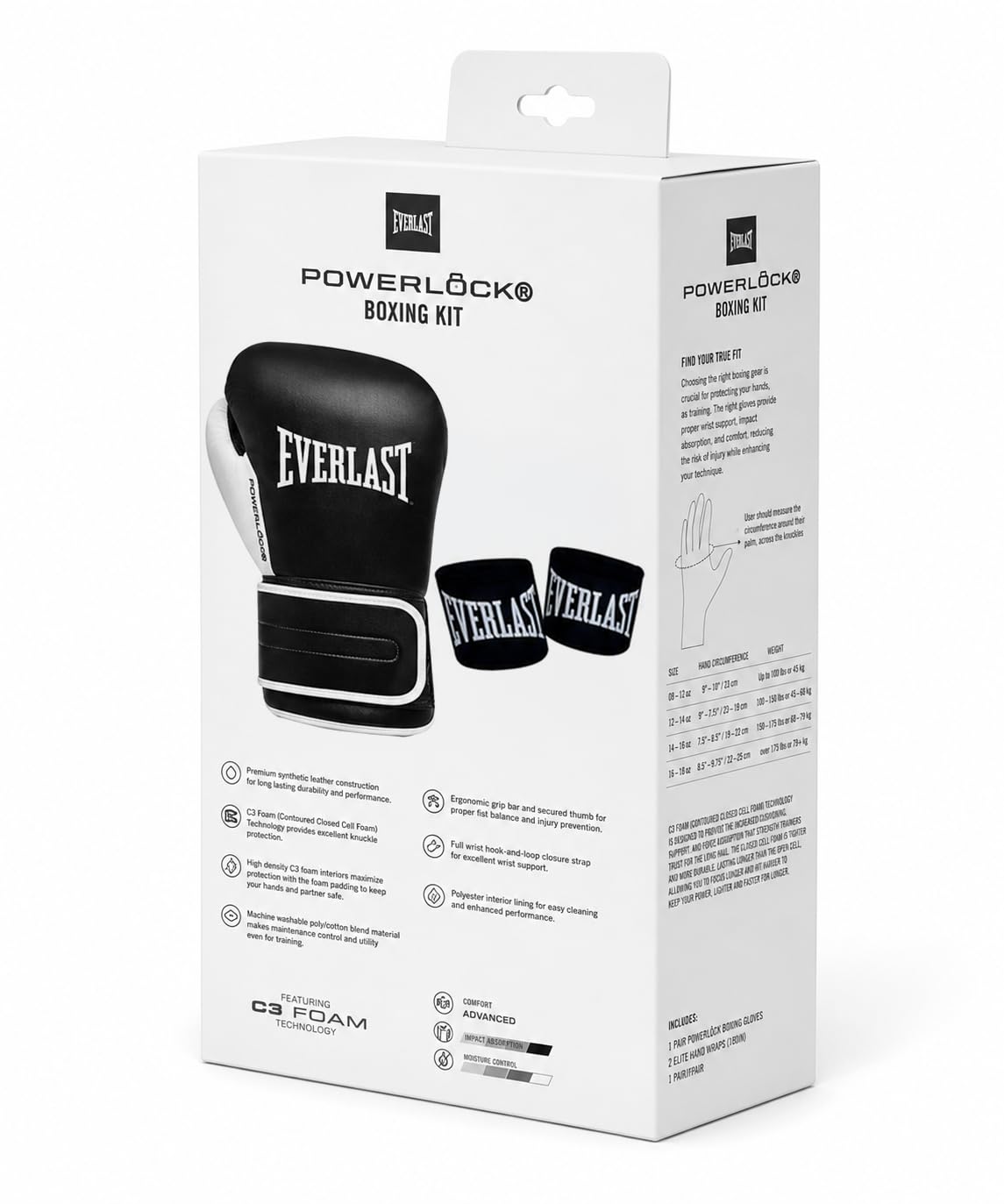 Everlast Powerlock OG Trainingsset, Schwarz/Weiß | Enthält schwarze Powerlock-Boxhandschuhe mit Klettverschluss für Sandsäcke und 120-cm-Bandagen