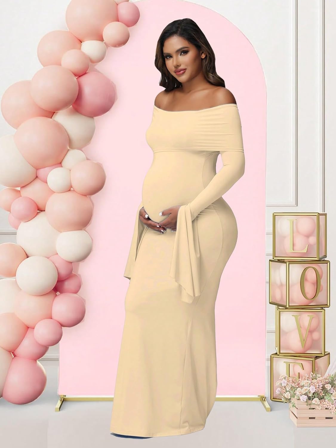 Women's Maternity Long Flared Sleeve Off Shoulder Baby Shower Dress