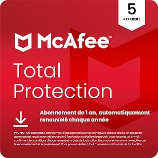 McAfee Total Protection 5 Appareil 2025 | Antivirus, VPN, Logiciel de sécurité | Abonnement d'un an, automatiquement renouvelé chaque année | Téléchargement numérique