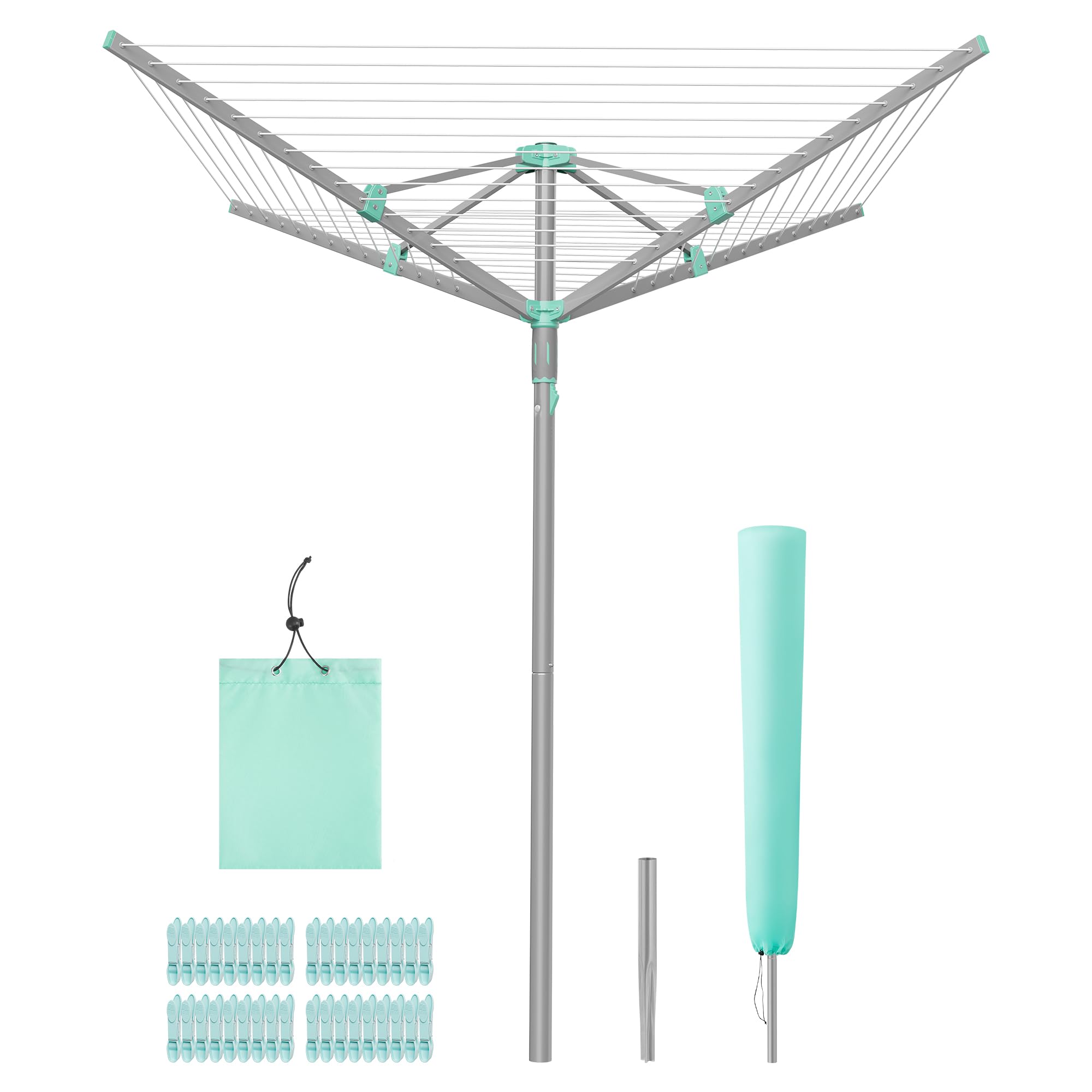 SONGMICS Wäschespinne, Wäscheständer, drehbar, klappbar, draußen, Garten, mit Wäscheklammern, Schutzhülle, silbern, 50 m Wäscheleine, für 5 Waschladungen LLR307EZ01