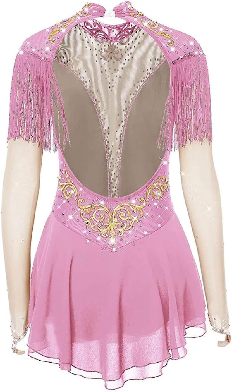 Sukienki Do Jazdy Figurowej Dla Kobiet I Dziewcząt, Z Kołnierzykiem Stojącym, Długimi Rękawami I Frędzlami, Pink, 3XL
