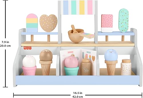 Miniatura 5 de Fisher-Price Juego de tienda de helados de juguete de simulación de madera, juego de 18 piezas de comida de madera para niños preescolares a partir