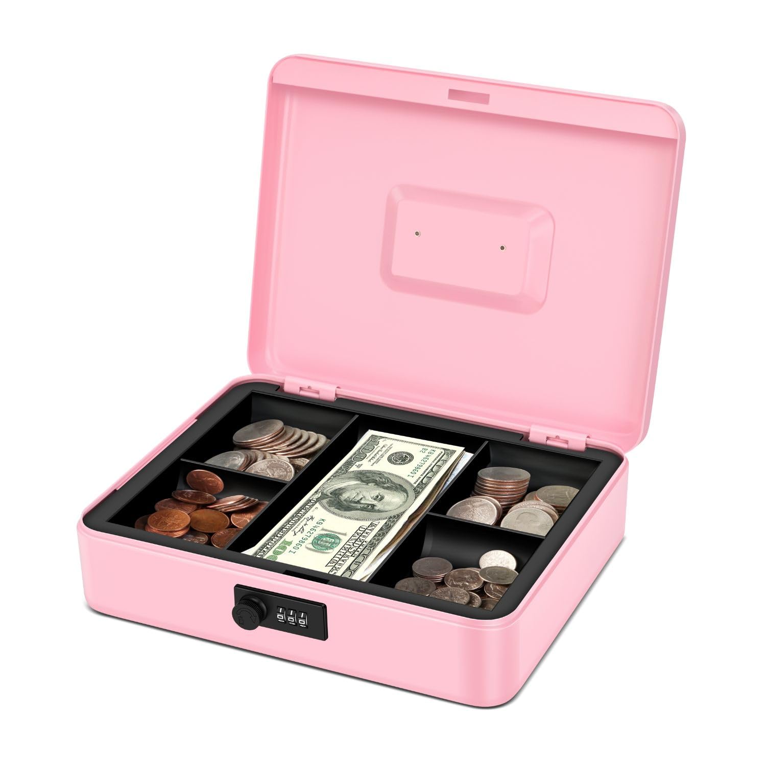 Flexzion Cash Lock Box with Key, Pink Petty Cash Box with Lock for Small Businesses Events & Personal Savings