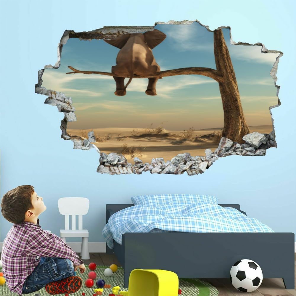 Sticker mural 3D | Autocollant de décor d'art d'éléphant | Arbre du désert amovible | Décoller et coller | Décor de chambre d'enfant de chambre de filles de garçons de bordure fissurée
