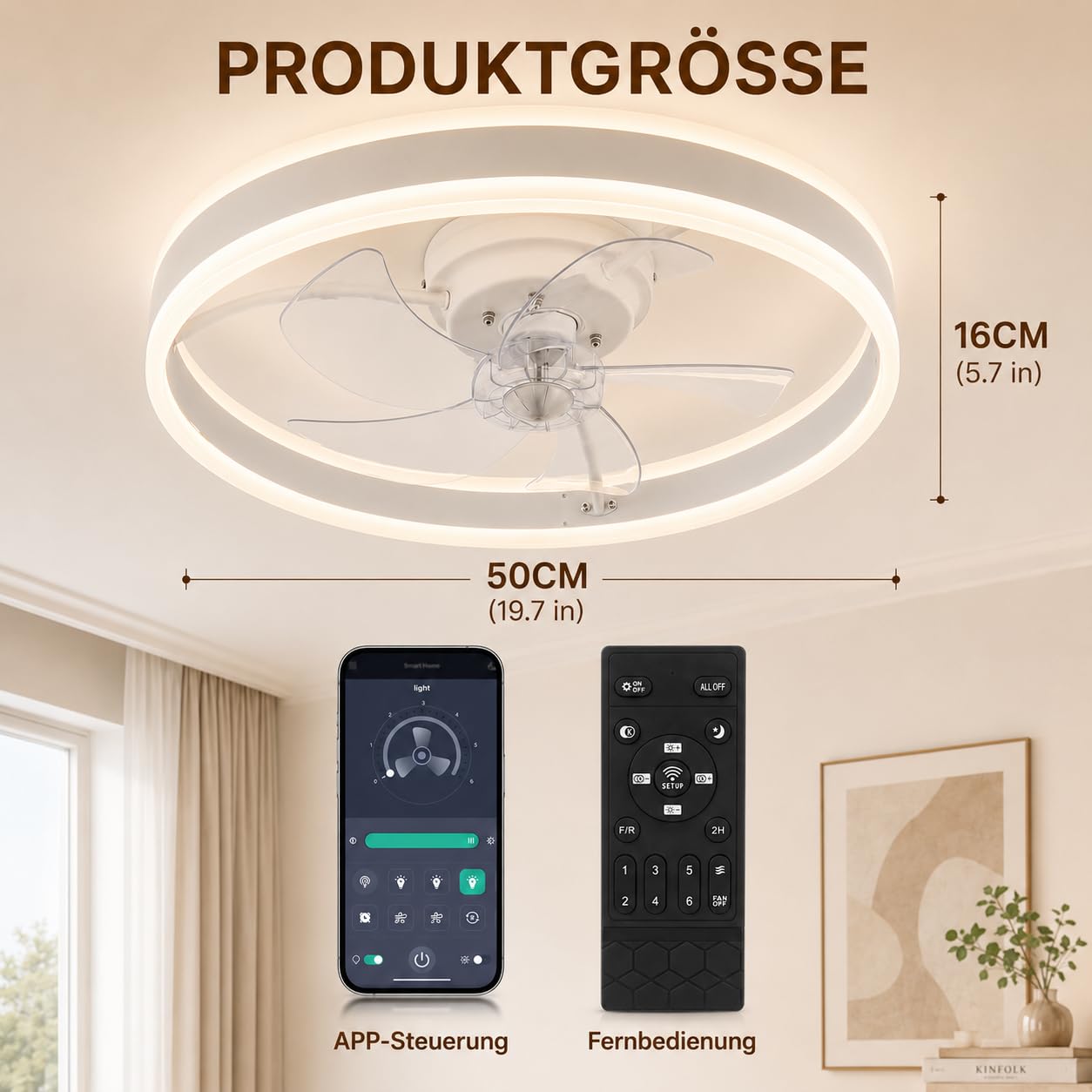 Deckenventilator mit Beleuchtung IEGLED, Fernbedienung und APP Steuerbar, 3000K-6000K, DC-Motor, 6-Stufige Geschwindigkeitsregelung
