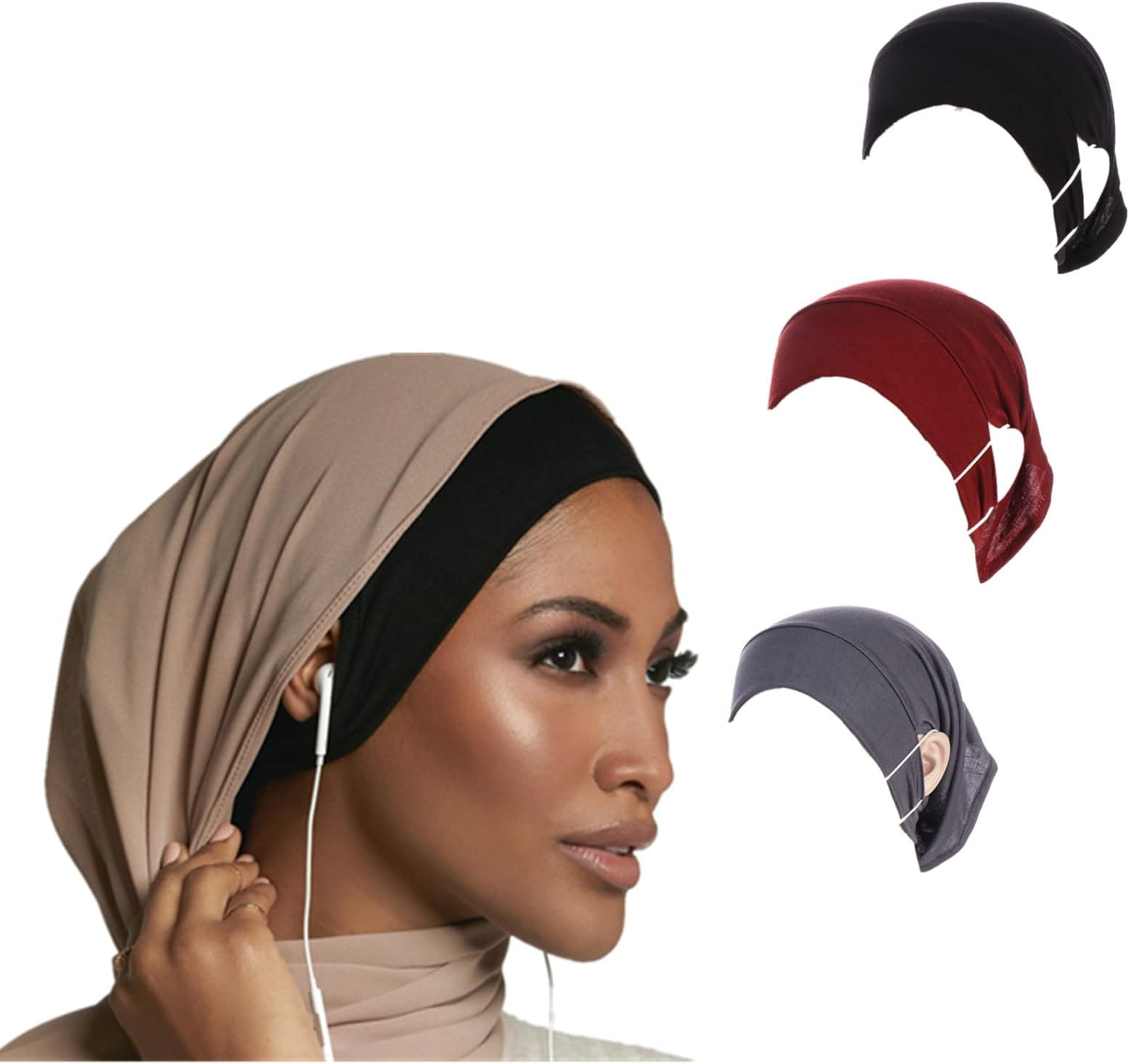 3 Pieces Stretch Soft Undercap Under Scarf with Ear Hole Muslim Jersey Inner Under Hijabs Caps Islamic Turban Bonnet