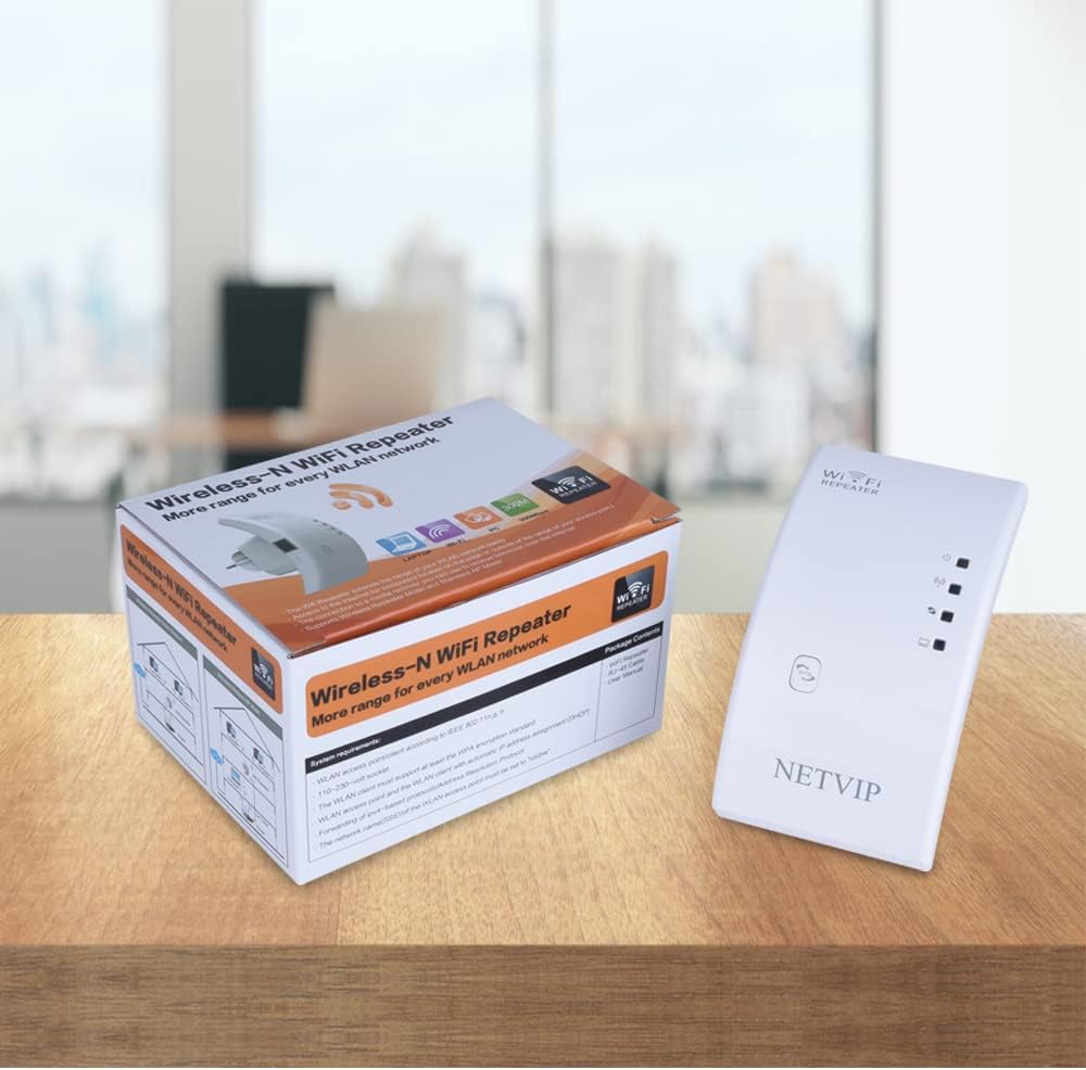 NETVIP N300 WiFi Extender packaging box and the device itself