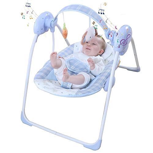 Columpio de bebé portátil para bebés, compacto y plegable con columpio de 5 velocidades, música, temporizador, asiento acolchado, funciona con