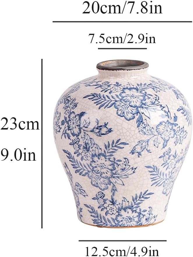 Blue and White Vase, Blue Vases Home Décor,Chinoiserie Vase,Blue and White Porcelain,Ceramic Vase for Home, Living Room, Bookshelf, Mantle Fireplace,E