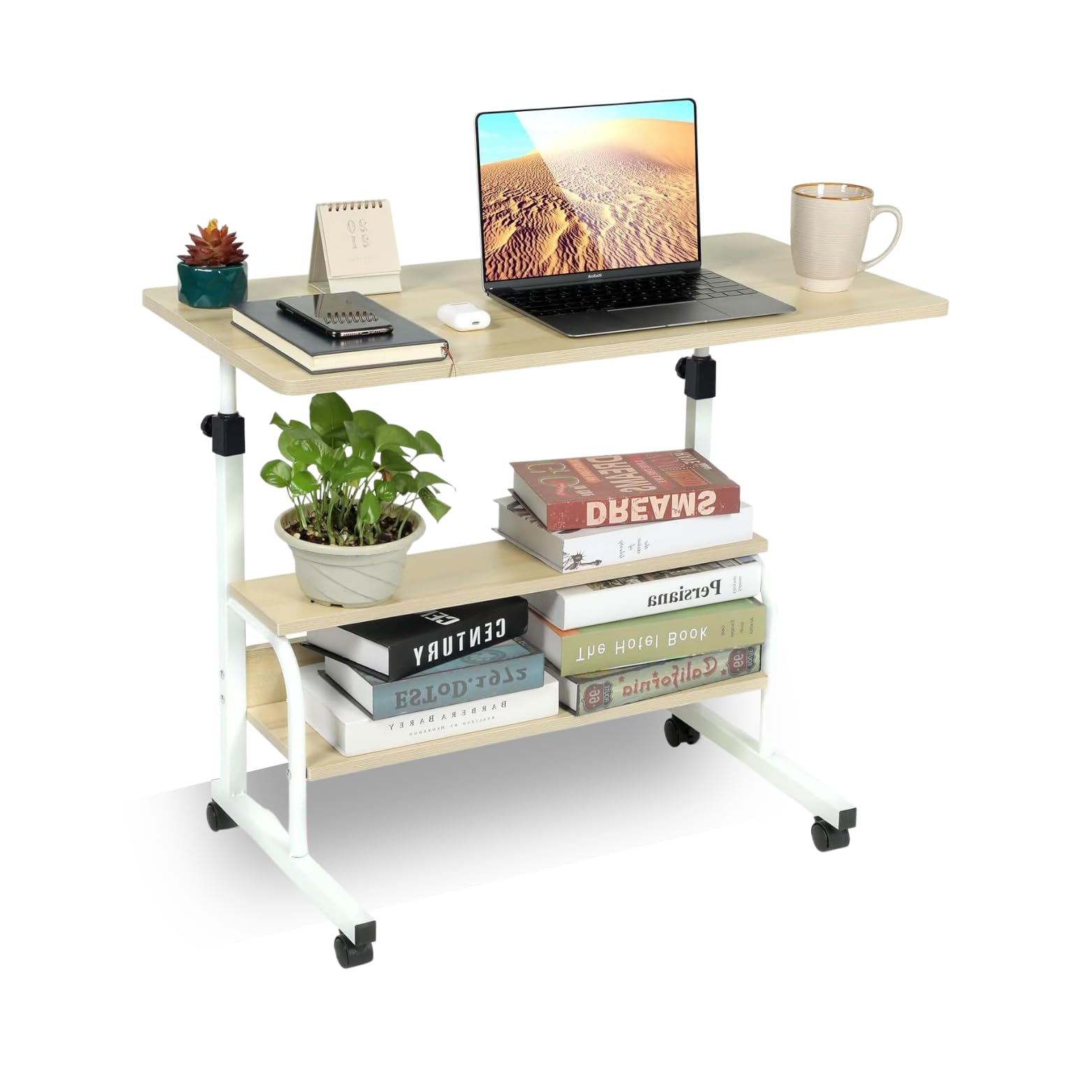 JANDTEK Mesa Ordenador portatil con Ruedas - Mesa Auxiliar 80x40cm - Mesa Ordenador pequeña portatil estantería Inferior - Escritorio Altura Regulable - Escritorio portatil (Marron Claro 80X40)