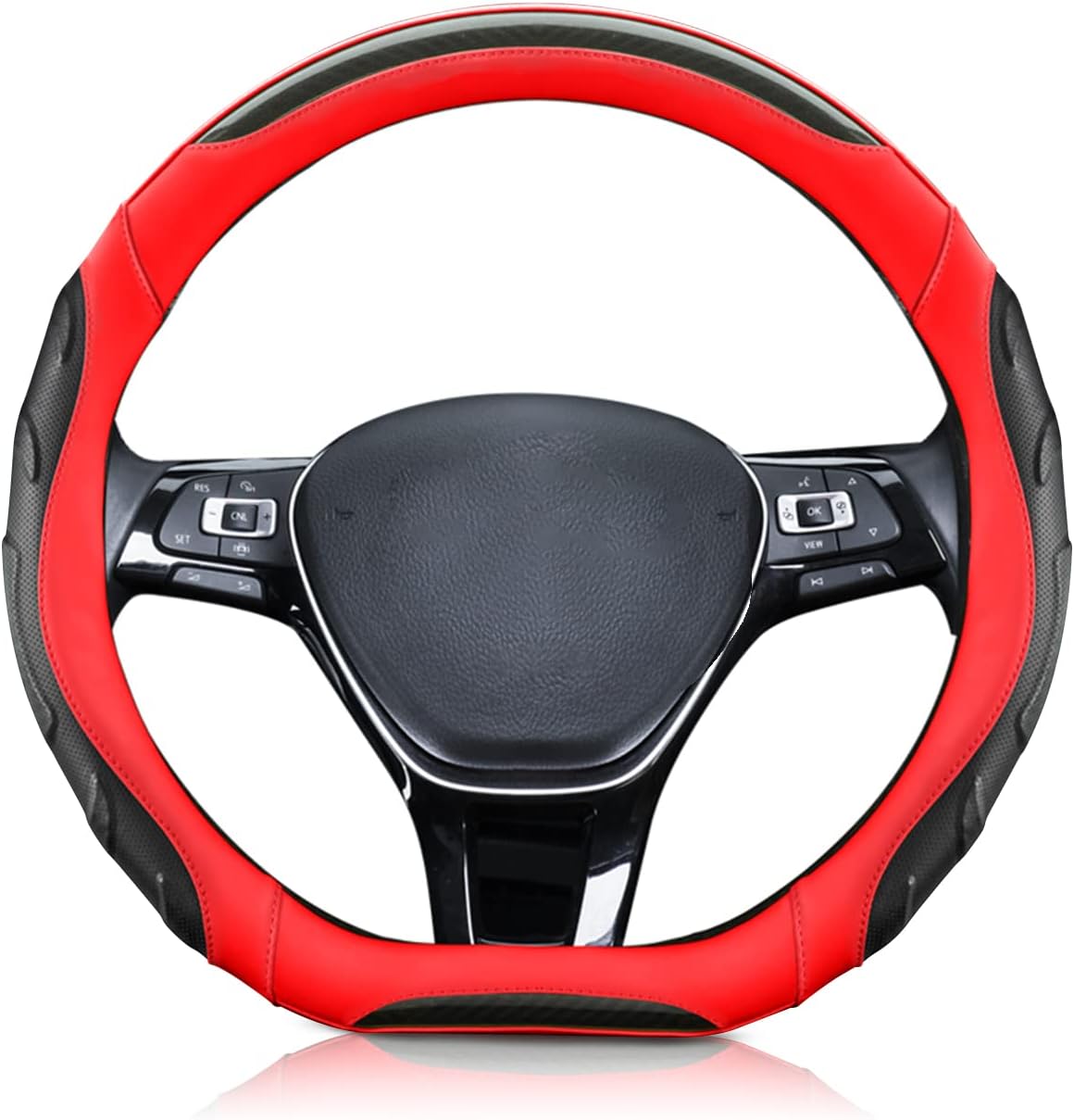 Ergocar D-Shaped Sporty Steering Wheel Cover, Breathable Anti-Slip Carbon Fiber & Microfiber Leather Car Steering Wheel Protector Luxurious Fashionable 38cm(15"), Red