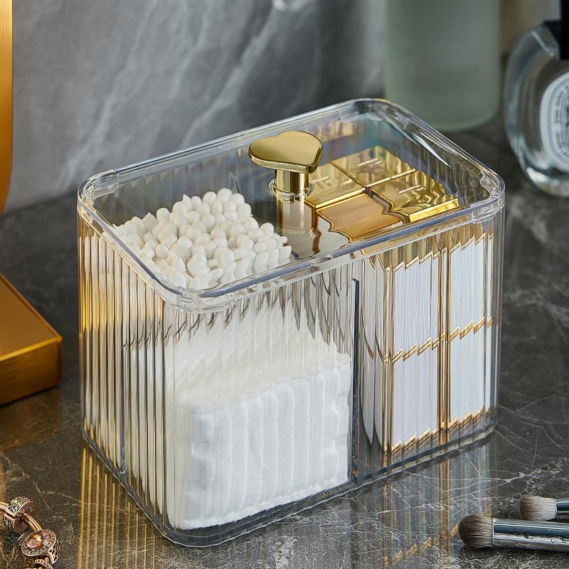 ZZDWLDHA Qtip Holder Bathroom Organizer, 3-Section Bathroom Storage for Cotton Balls, Swabs, Pads, Floss Container (Clear )