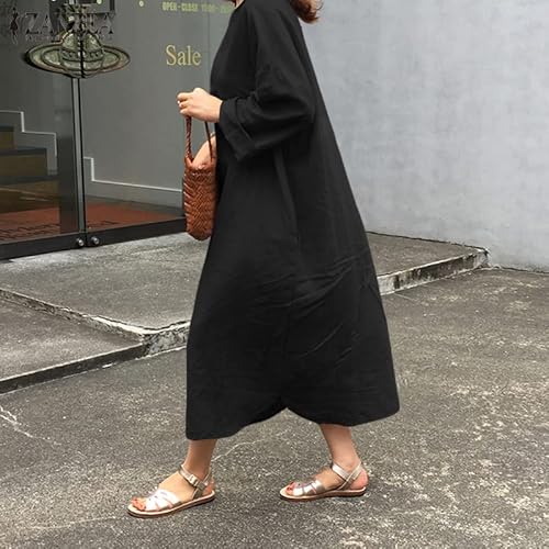 Zanzea Women's Spring Summer Solid Crewneck Long Sleeve Casual Loose Plus Size Maxi Long Dress With Pockets Black-19505 3X-Large #TOP4