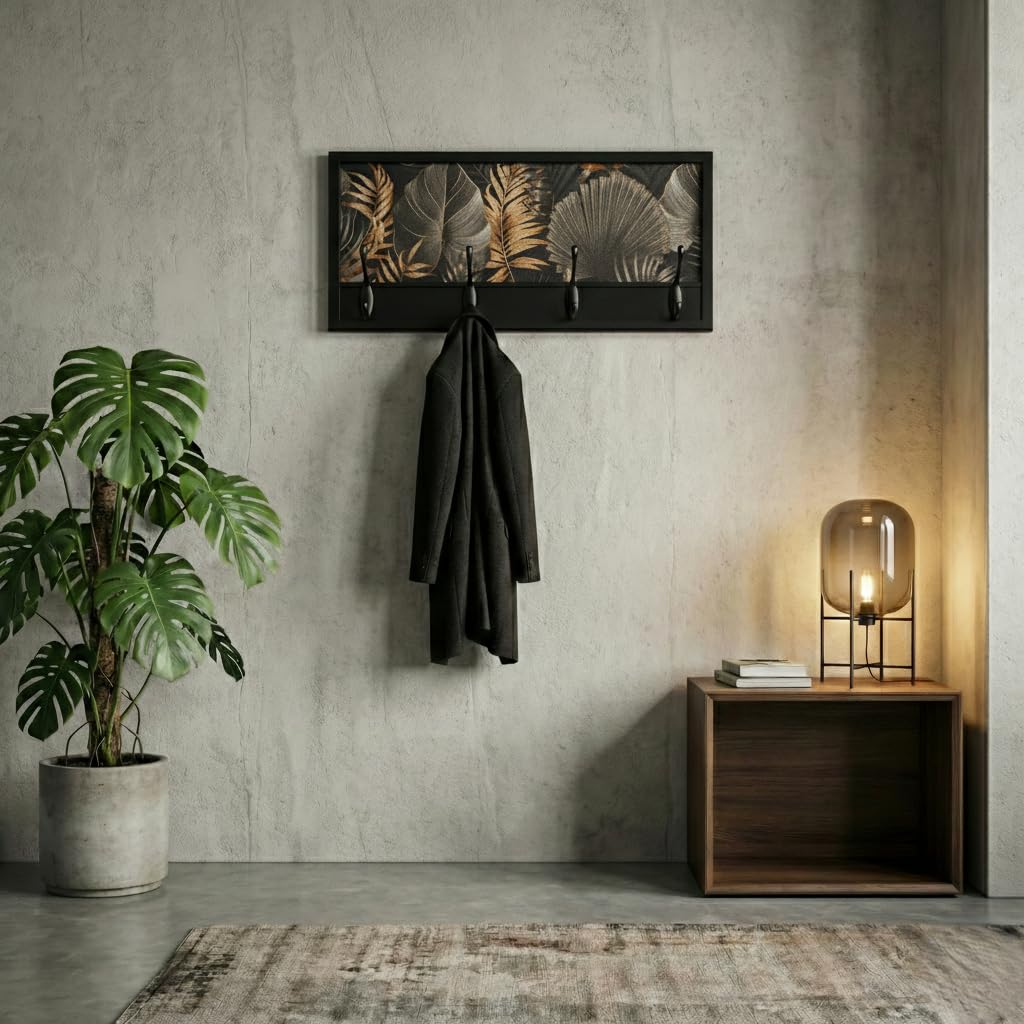 Perchero Pared Madera 52x25cm Jungle Glam Negro 4 Ganchos | Hecho en España. 4 ganchos dobles (8 colgadores) para ropa y abrigos. Ideal para entrada, salón u oficina.
