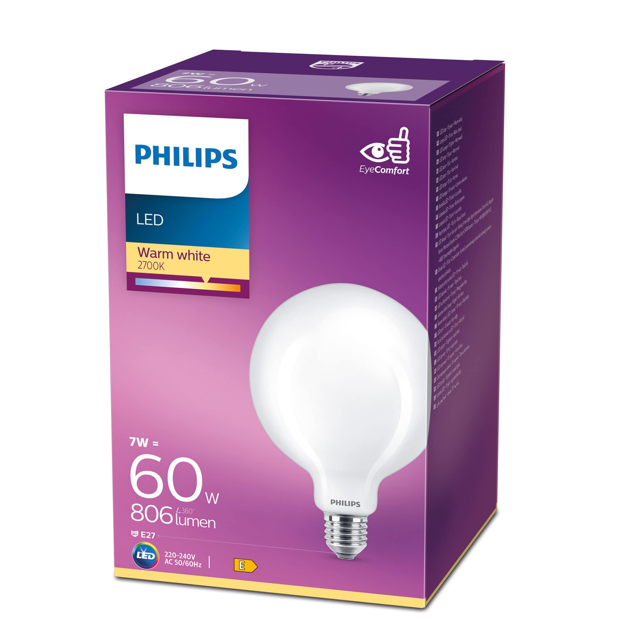 Philips Matt Led Frosted Globe Light Bulb [E27 Edison Screw] 60W Warm White Non Dimmable