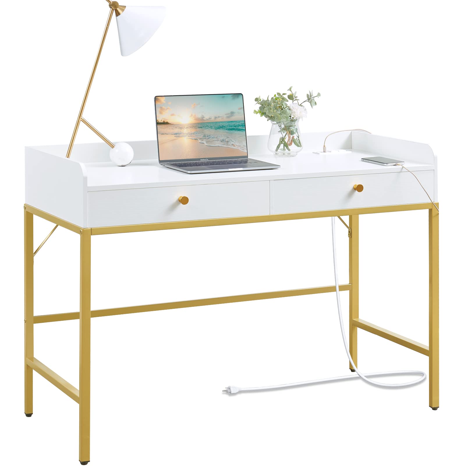 SUPERJARE Vanity Desk with Power Outlets, Computer Desk with Drawers, Modern Home Office desks, Makeup Desk with Wood Top and Metal Frame - White and Gold