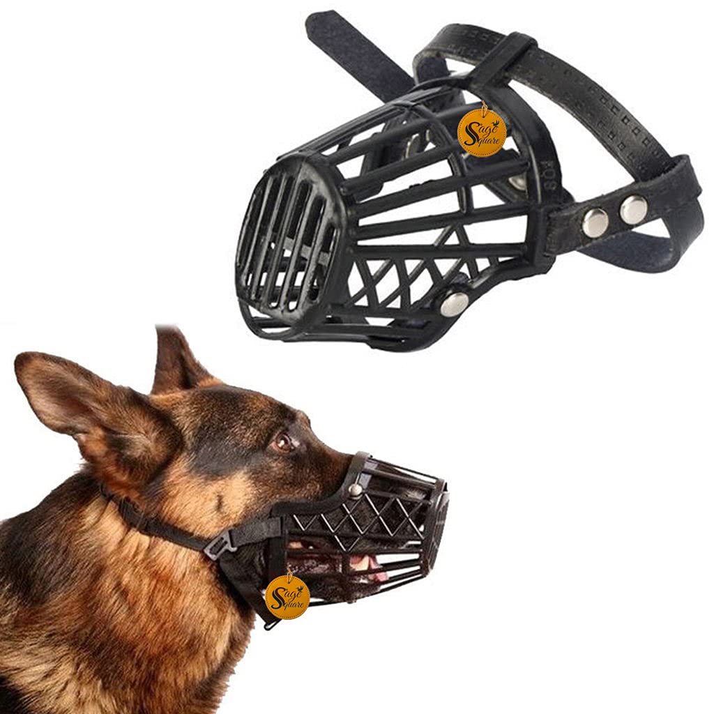 Sage Square Adjustable Strap Muzzle Cum Mouth Cover Cum Basket Cage Cum Pet Safety Collar for Anti Biting Dog (Black) (Medium)