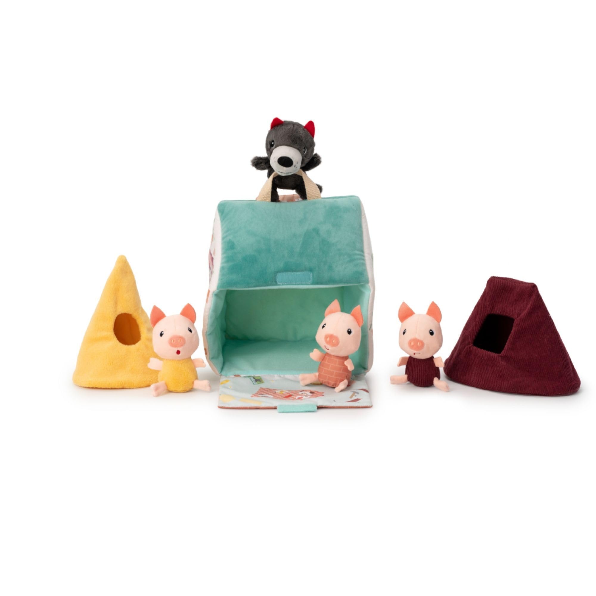 Lilliputiens - Haus des Wolfs und der DREI kleinen Schweinchen - Stoffspielzeug inspiriert vom berühmten Märchen mit Figuren und Häusern - Fördert Feinmotorik und Fantasie - Ab 18 Monaten - 83490