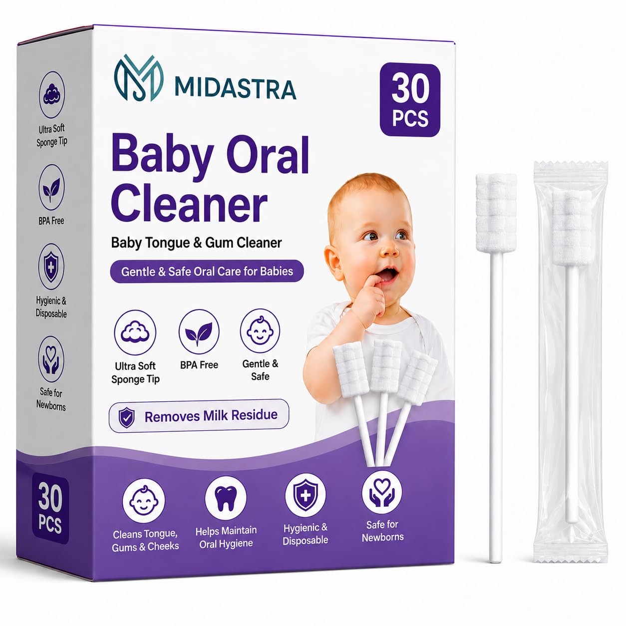 Oral Care Disposable Mouth Swabs for Cleaning Tooth, Swabsticks Baby Tongue Cleaning, 0-36 Months, White, 30 Count (Pack of 1)-image-47