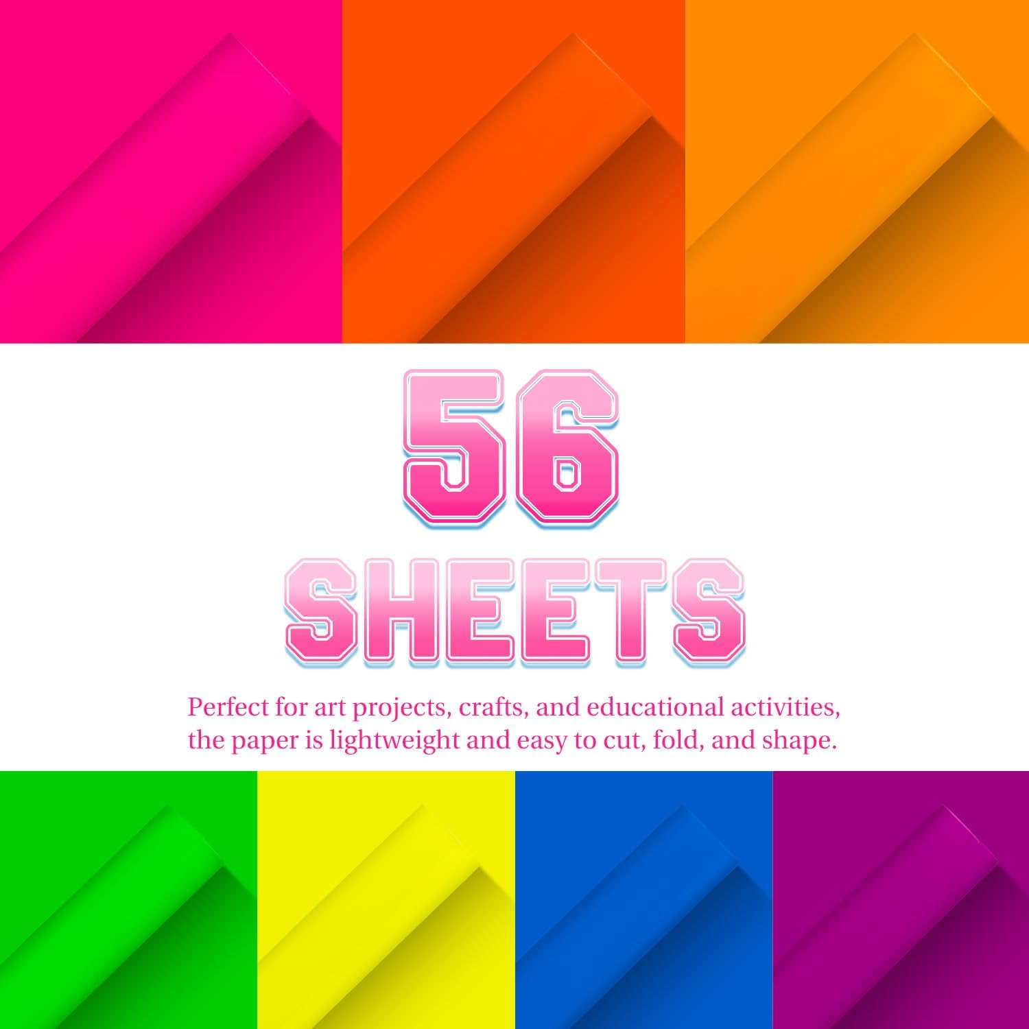 Construction Paper 12x18 in,56 Sheets Neon Cardstock 7 Assorted Fluorescent Colors Heavyweight 180GSM/65lb Bright Colored Paper for Kids Arts and Crafts, School Projects,DIY Posters